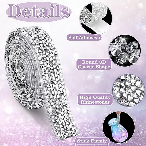 Miniatura 3 de 6 rollos de cintas de diamantes de imitación autoadhesivas, tiras de diamantes de imitación de resina plateada, calcomanías de diamantes de