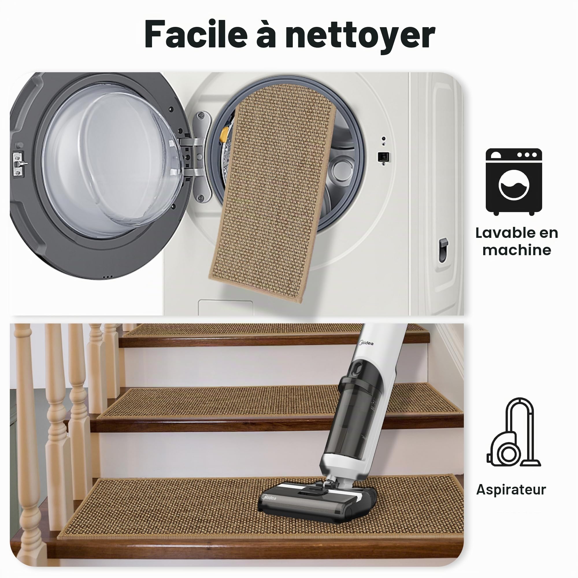 Marchettes d'Escalier, 20cm*76cm 15PCS, Anti Derapant Tapis, Moquette Escalier, Moquette Autocollante, Tapis d'Intérieur Antidérapant, avec Adhésif Réutilisable, Beige