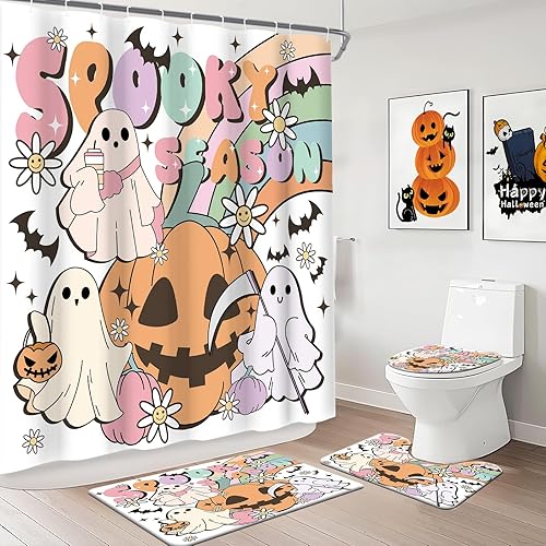 MEHOFOND Juego de 4 cortinas de ducha de fantasma, juego de 4 piezas de cortina de baño espeluznante de Halloween vintage con cortinas de ducha,