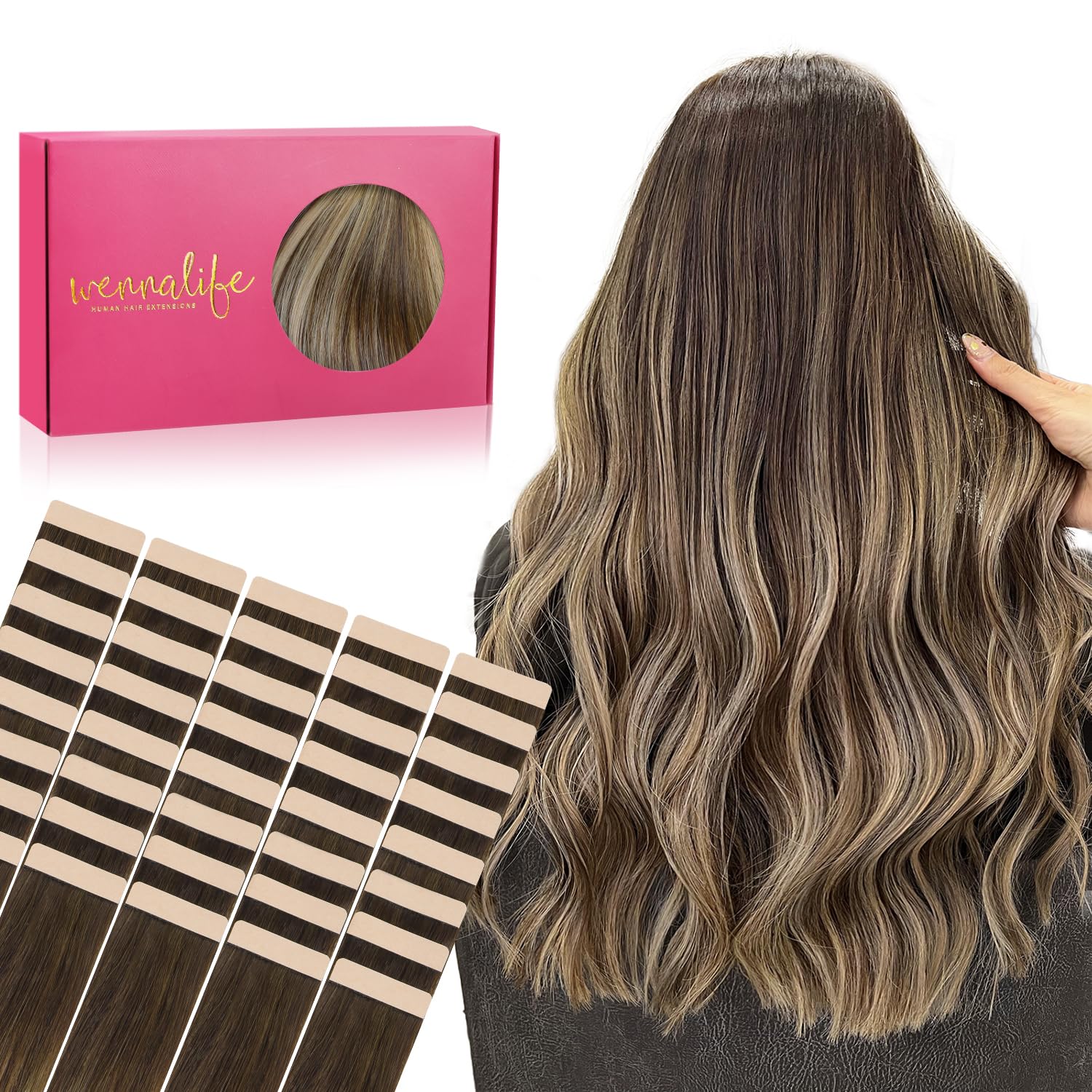 WENNALIFE Tape in Hair Extensions Human Hair, 16inch 40pcs 98 Balayage Chocolate Brown to Honey Blonde Real Human Hair Tape Extensions