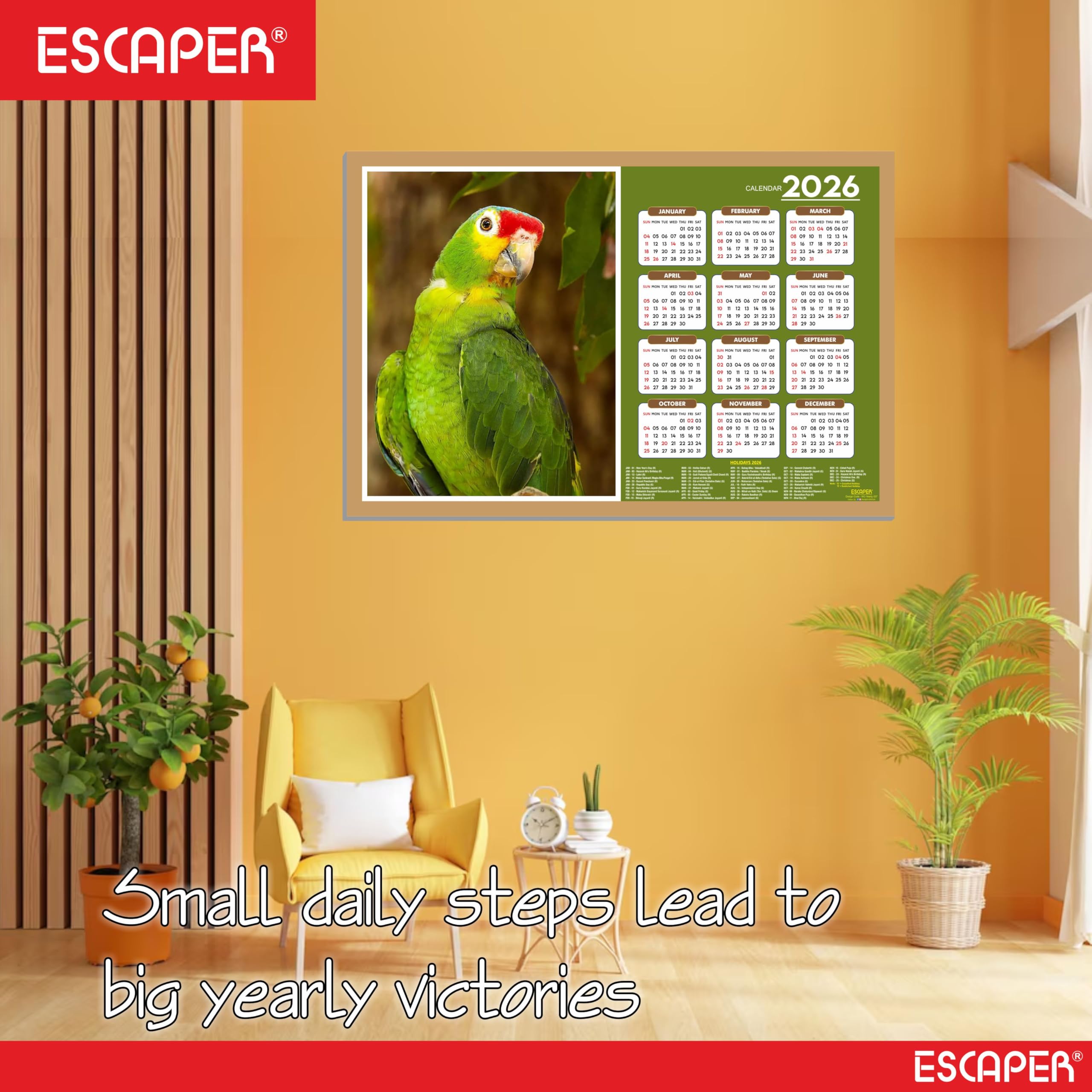 ESCAPER Calendario de pared 2026 con temática de pájaros lindos, 45 x 30 cm, loros verdes, decoración de habitación infantil, calendario colgante para el hogar y regalo