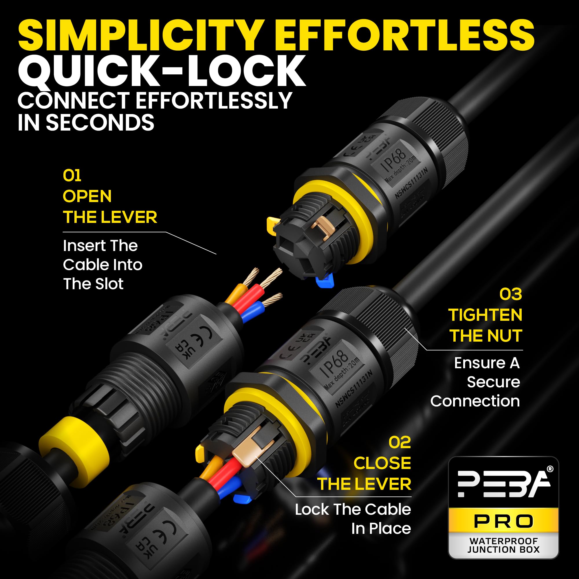 PEBA® Conector de cable estanco IP68,Cajas de Conexiones Impermeables,Conectores electricos rapidos de 2 vías,Manguito de conexión eléctrico exterior 3 pines para jardín apto para cables 4-12mm