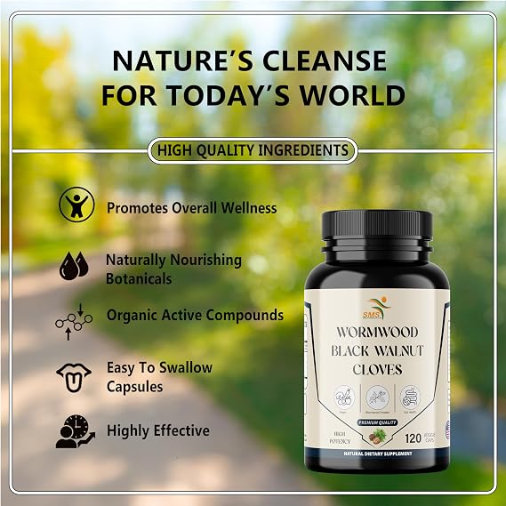 Wormwood Black Walnut Clove Capsules, No Fillers, Herbal Cleanse Supplement with Sweet Wormwood, Black Walnut & Cloves, 120 Veggie Capsules for Digestive Support & Overall Wellness