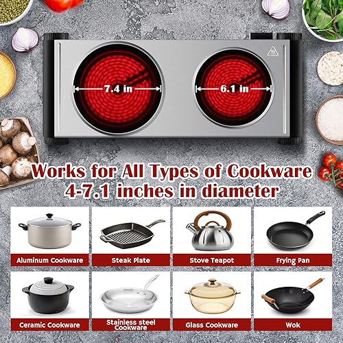 Miniatura 4 de Cusimax Estufa eléctrica portátil para cocinar con control de temperatura de potencia de 1800 W, placa caliente eléctrica doble, quemador infrarrojo