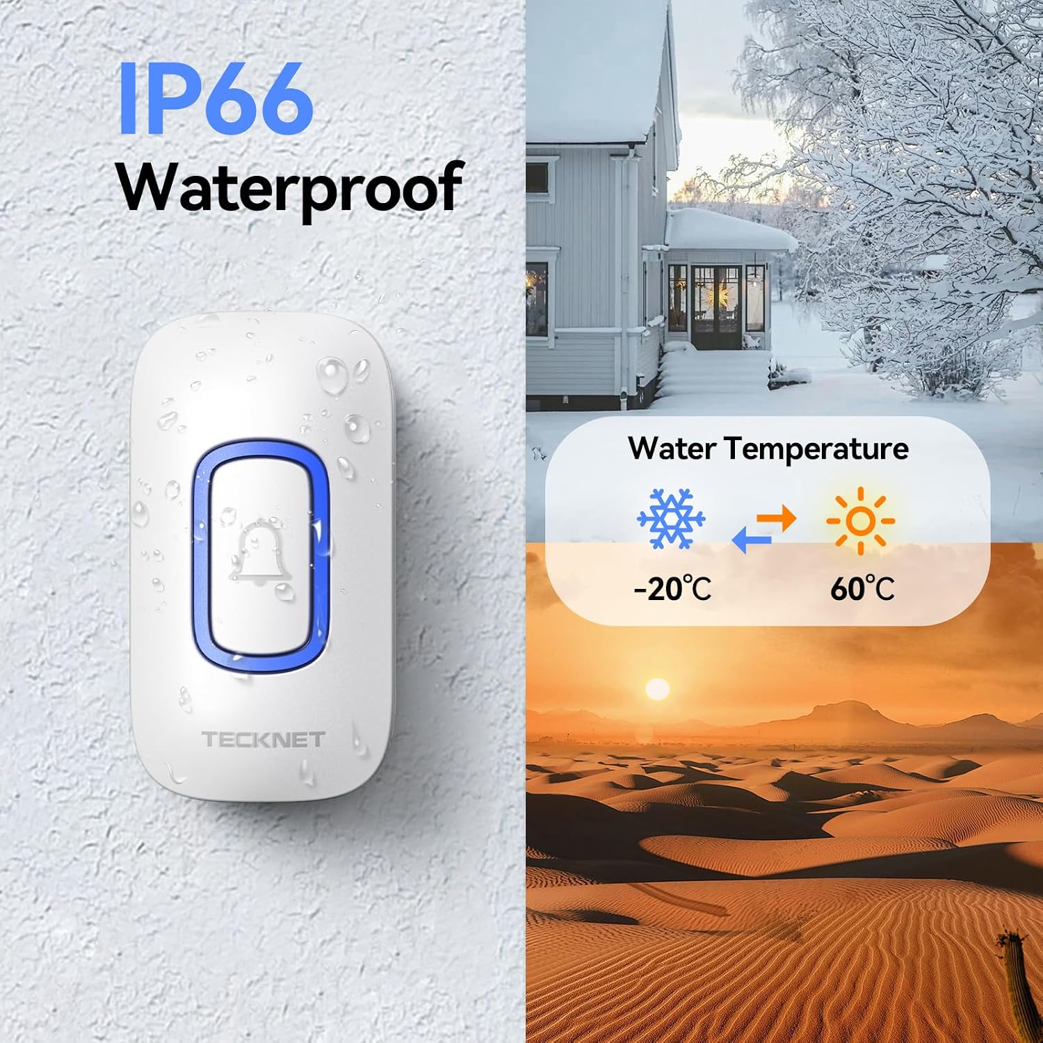 TECKNET Wireless Doorbell, Plug in Door Bells Wireless Cordless with 2 Receivers, IP66 Waterproof Wireless Door Chime Kit with RGB Light, 400M Wireless Range, 60 Chimes, 5 Volume Level (white)