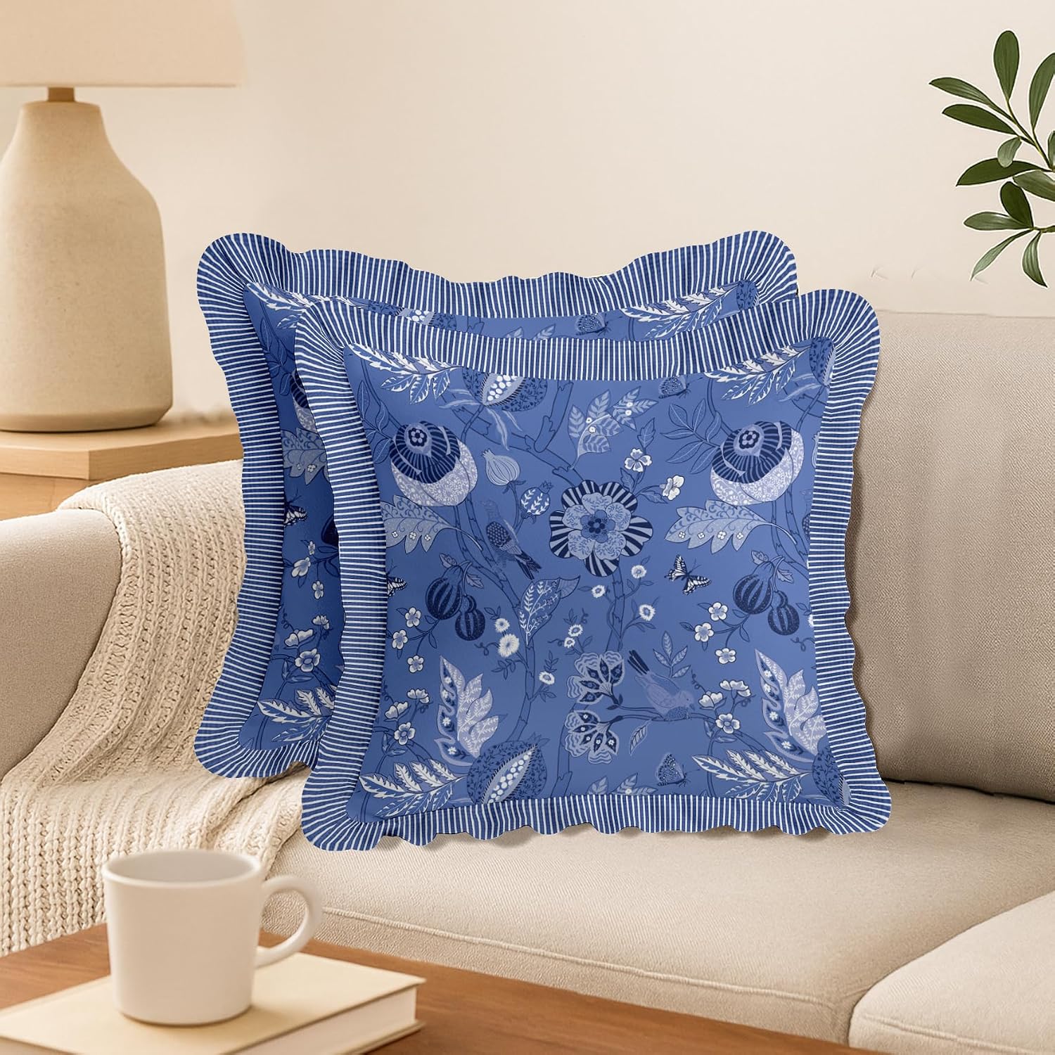 16x16 Cotton Cushion Covers Set of 2 - Double-Sided Printed Frill Pillow Covers with Zipper, Floral Print, Farmhouse Style, 100% Cotton Twill, No Filler