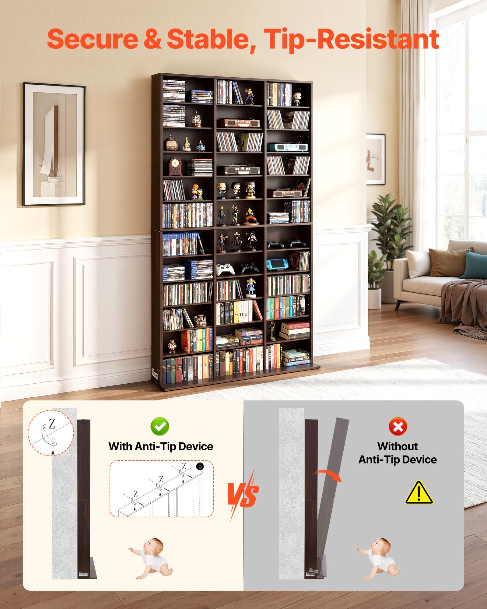VEVOR Scaffale Porta CD Riviste Libri Giochi 12 Ripiani, Mobile Contenitore Multimediale Libreria per Collezioni Ripiani Regolabile Organizer per Collezionismo Uffcio Soggiorno Salotto Camera da Letto