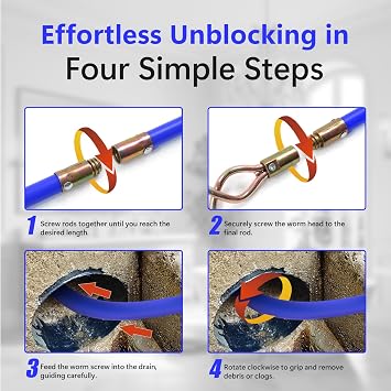 Drain Rod Set 14pcs – Professional Drain Unblocker with Carry Bag – Heavy Duty Rods with Brass Connectors, Auger, Plunger & Worm Screw for Blocked Pipes