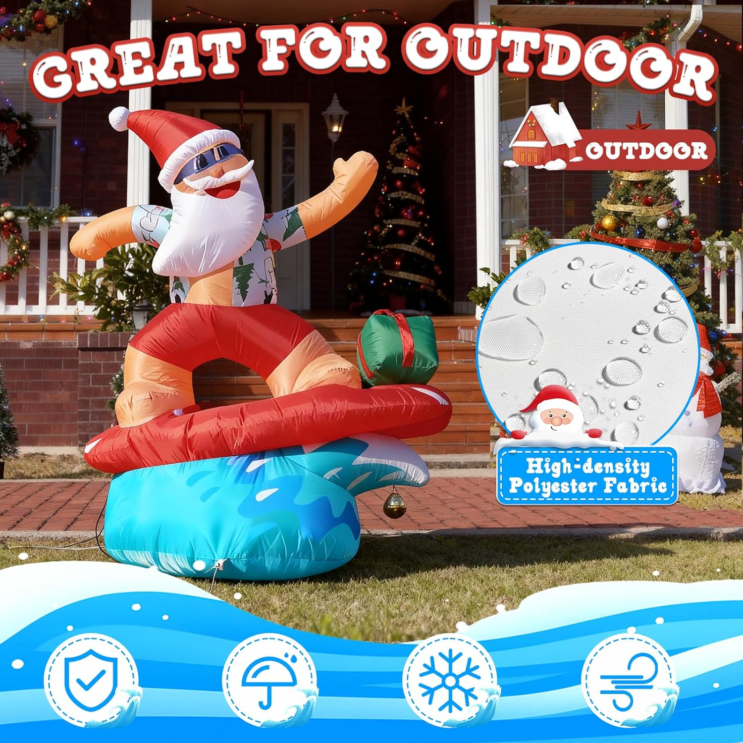 JOYHALO 6FT Surfing Santa Inflatable with Lights, Tropical Style Christmas Inflatables for Hawaiian Christmas Decorations,Christmas Blow Up for Yard Garden Lawn Holiday Party Decor - Image 5