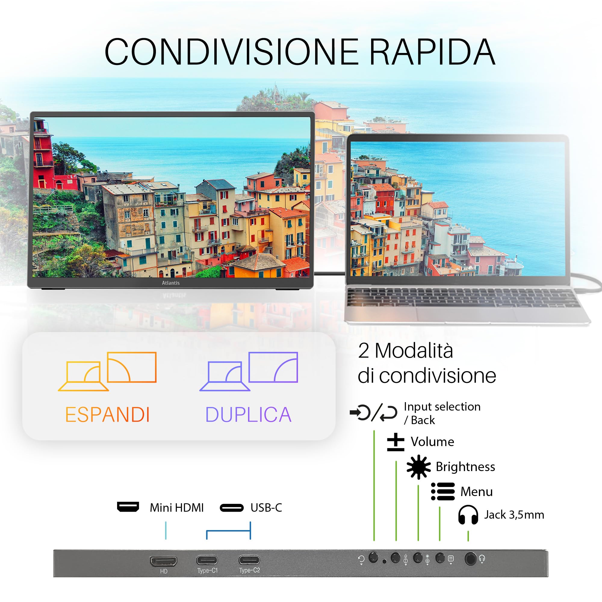 Atlantis Monitor Portatile TouchScreen 16” IPS Full HD HDMI/USB-C, inf 1 kg | Speaker 2x1W, inclinazione regolabile, Pivot, per notebook e console, cavi inclusi, cod. A05-P156LPT