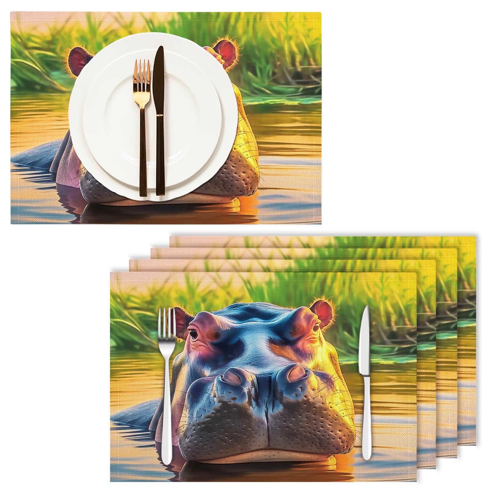 Set di 8 Tovagliette Americane Lavabili Cotone Lino Animale - Tovaglietta Americana Stoffa Resistenti al Calore Durevole Ippopotamo africano- per Colazione Pranzo