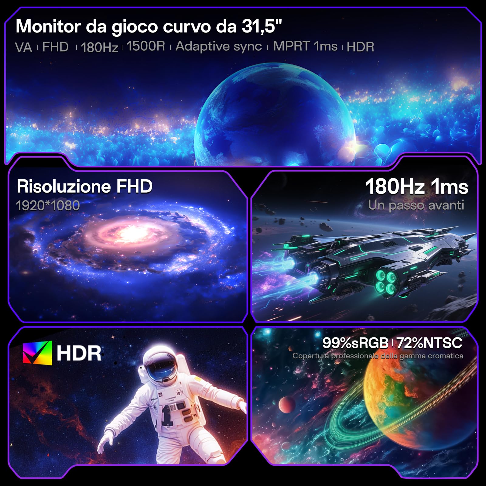 KOORUI Monitor da Gaming Curvo 24 Pollici 180Hz, 1ms, 1920x1080 FHD, 1500R, Adaptive-Sync, HDR10, VESA, cavi DP e HDMI inclusi