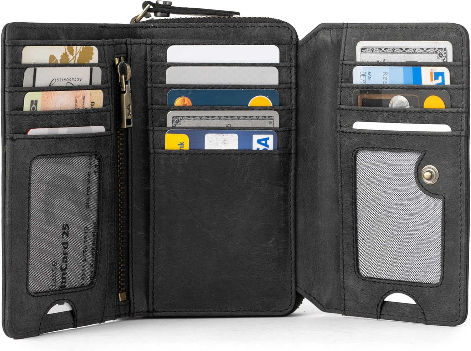 BERLINER BAGS Vintage Genuine Leather Wallet Vienna, RFID Blocking Credit Card Holder, Trifold Clutch Purses, Zip Around Womens Wallet for 19 cards, ID window, Bills, Coins - Dark Grey - Image 2