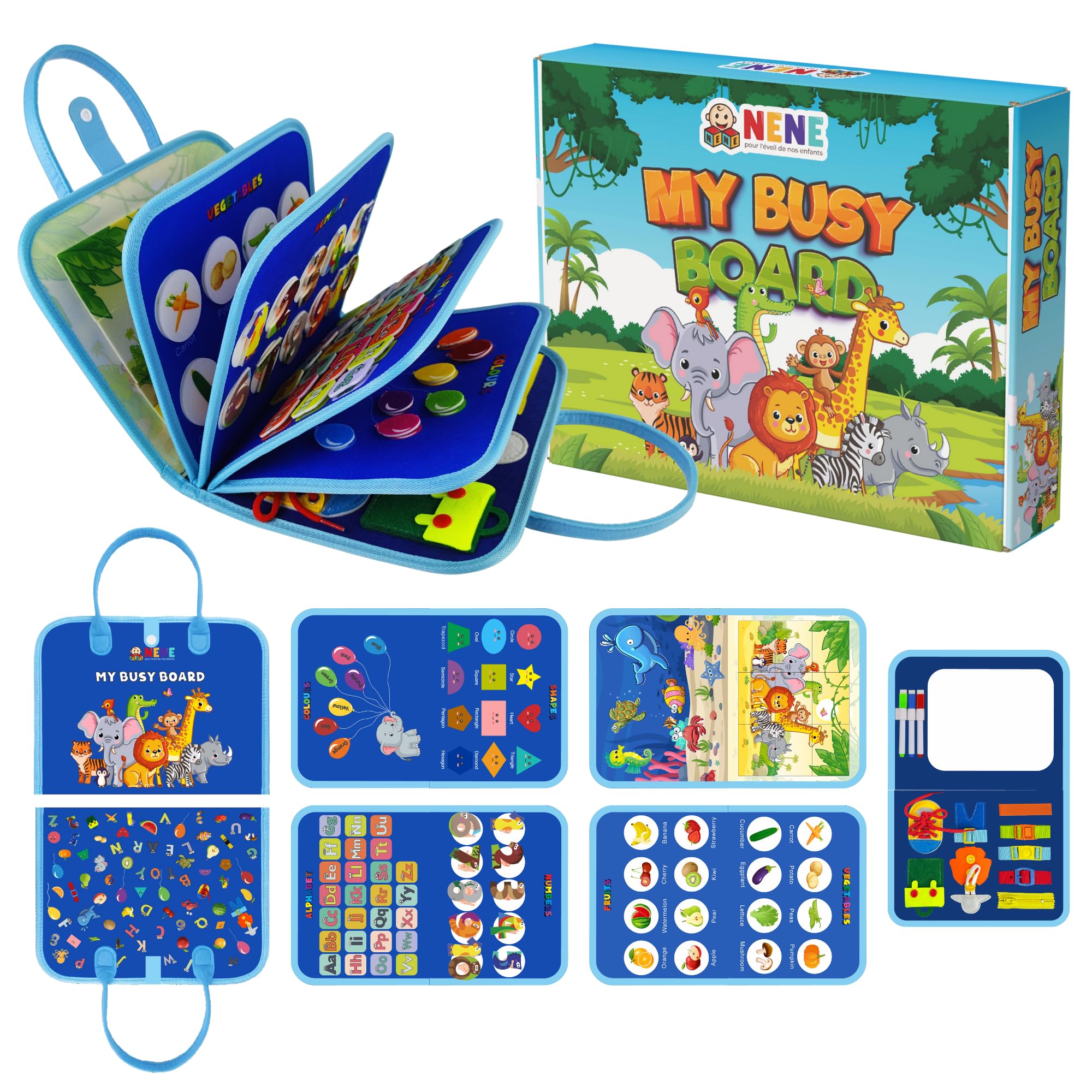 Nene Busy Board Montessori (Version Anglaise) - Jouet éducatif sensoriel pour Enfants 3-6 Ans - Planche d'Activités - Couleurs, Formes, Alphabet, Chiffres, Puzzles - Motricité Fine et créativité