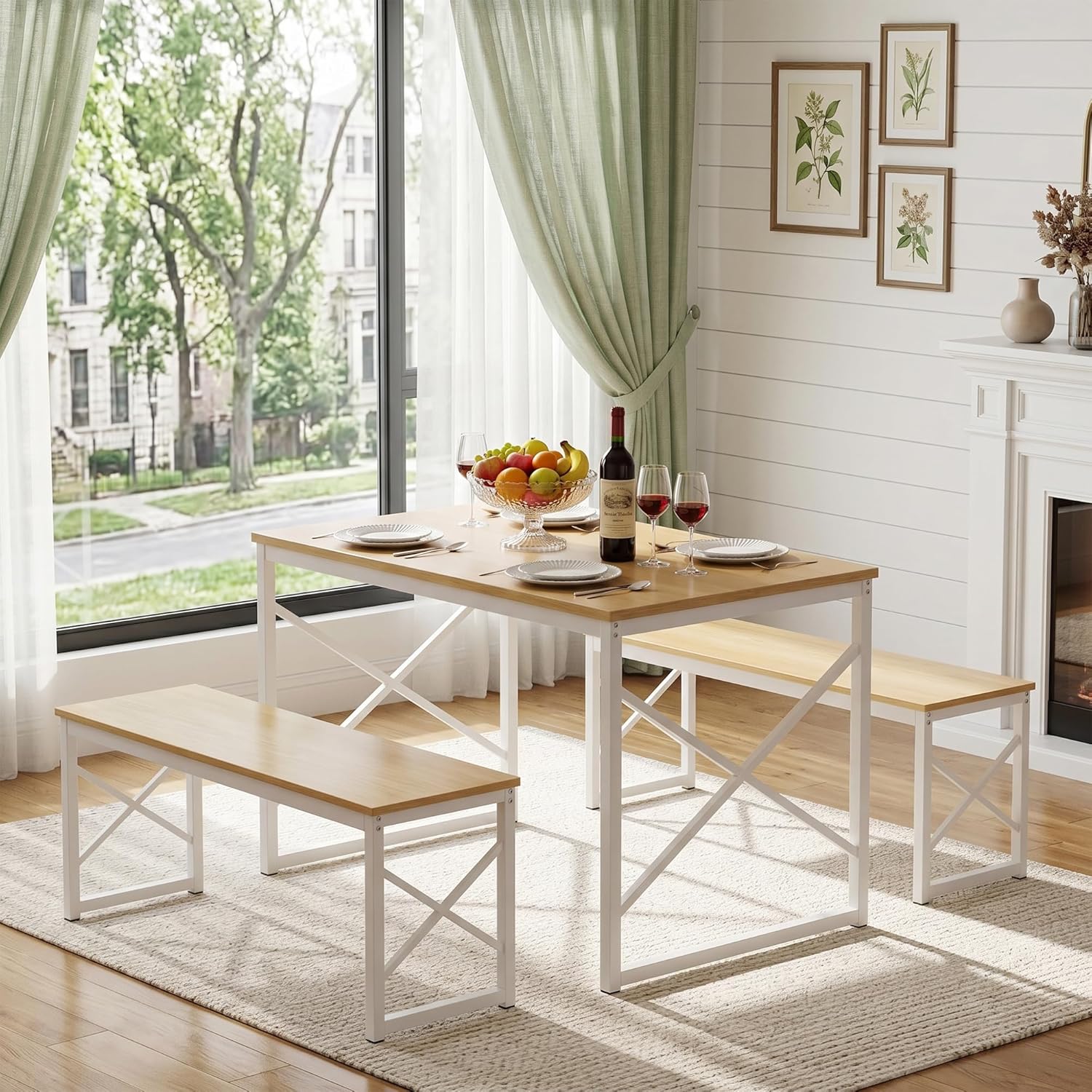 VECELO Kitchen Dining Table Benches Set for 4, 43.3" Wooden Dinette with 2 Benches, Heavy-Duty Dining Room Table for Small Space, Breakfast Nook, Natural Oak