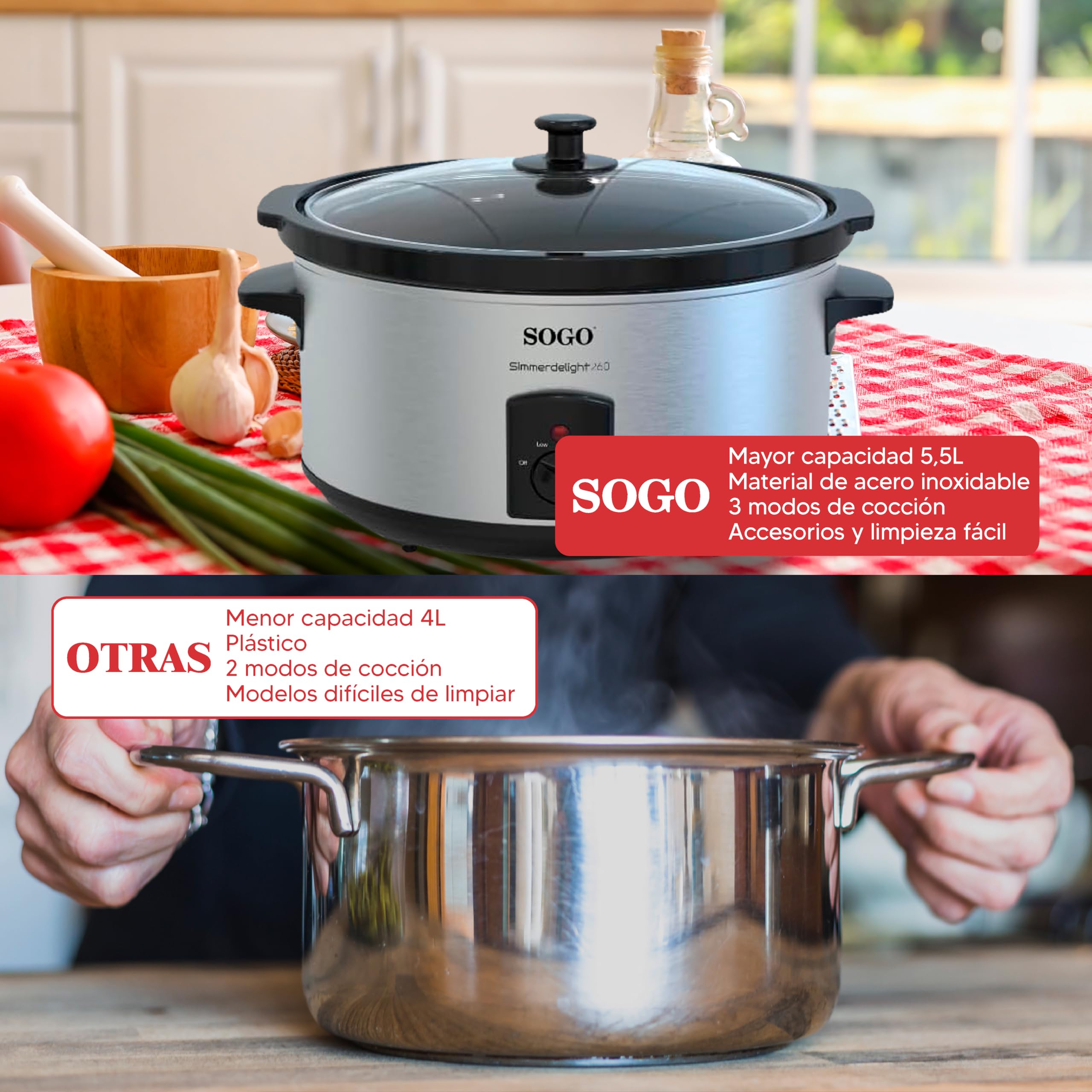 Sogo Pentola a cottura lenta da 5,5 l con 3 funzioni di cottura – Pentola da cucina elettrica con coperchio in vetro temperato per controllo – Pentola da cucina adatta per lavastoviglie con manico
