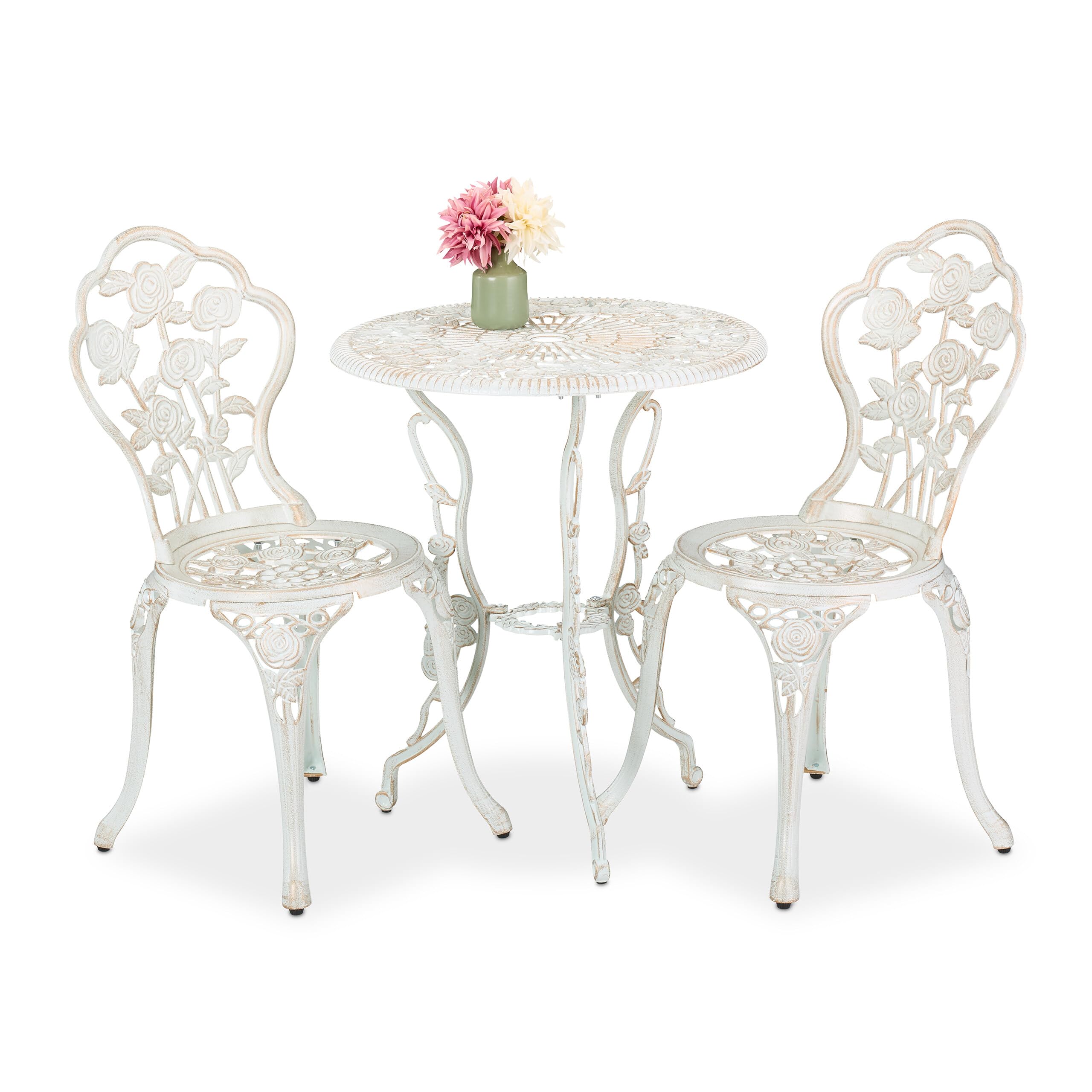 Relaxdays Set da Bistrot da 3, Tavolino da Giardino, 2 Sedie, Balcone, Stile Ferro Battuto, in Alluminio, Bianco Bronzo