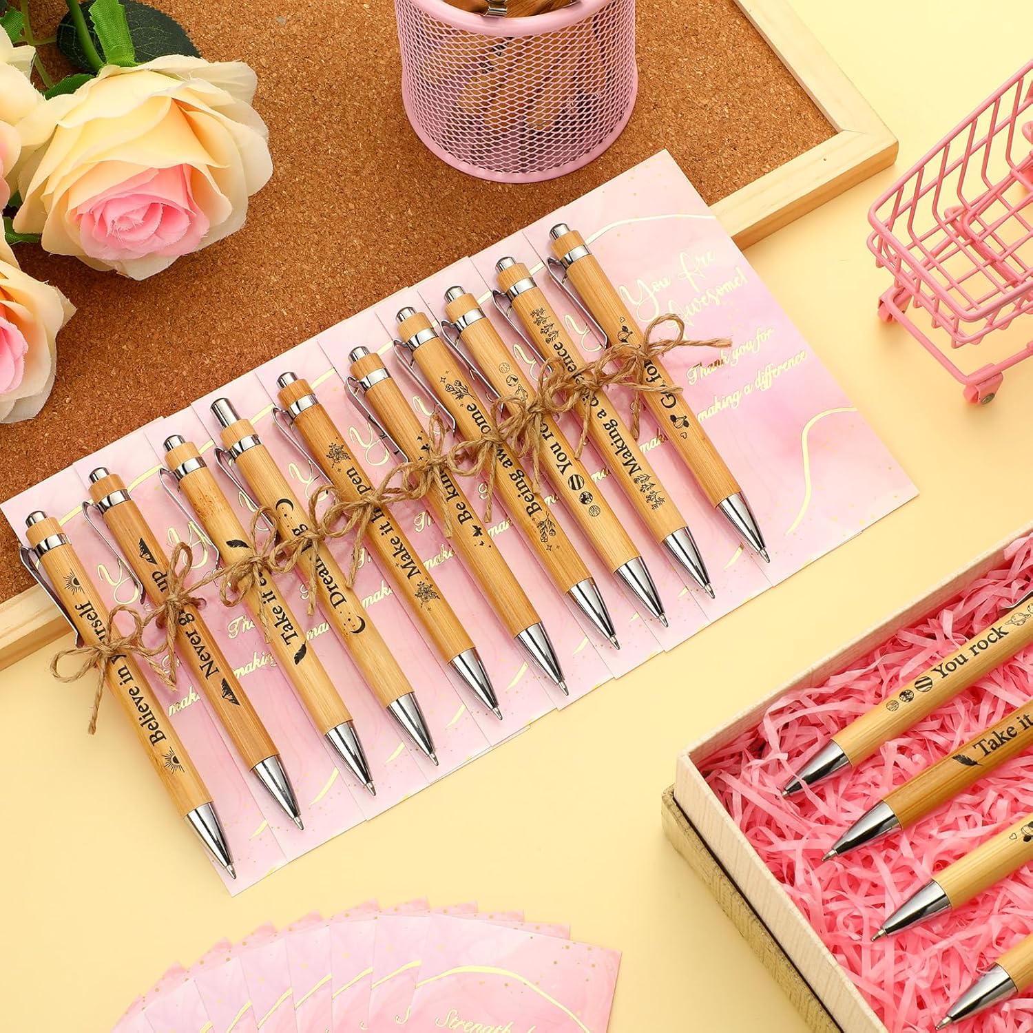 Qeeenar 50 Sets Employee Appreciation Gift Social Worker Gift Bulk Thank You Gifts You Are Awesome Inspirational Bamboo Ballpoint Pen with Card for Team Volunteer Staff Teacher Women