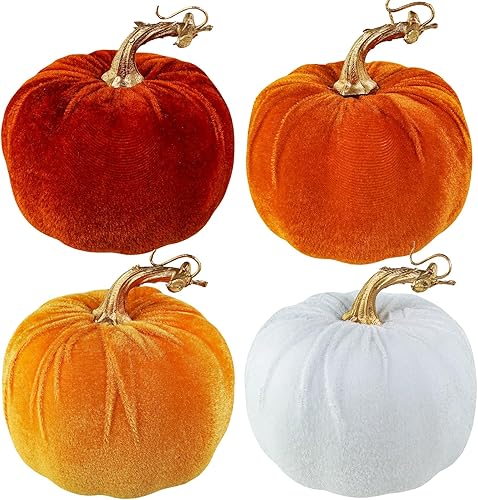 Winlyn 4 calabazas de terciopelo de cosecha sintética surtidas, calabazas de tela decorativa, calabazas de espuma en naranja óxido y blanco de 5