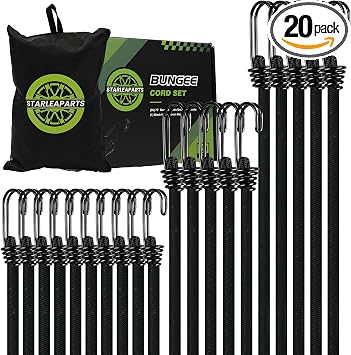 20 Packs 6ft Bungee Cords with Hooks Heavy Duty - Long Bungie Cord with Steel Double J Hook - 72 Inch Black Bungee Cords with UV & Weather Resistant, Storage Bag Include