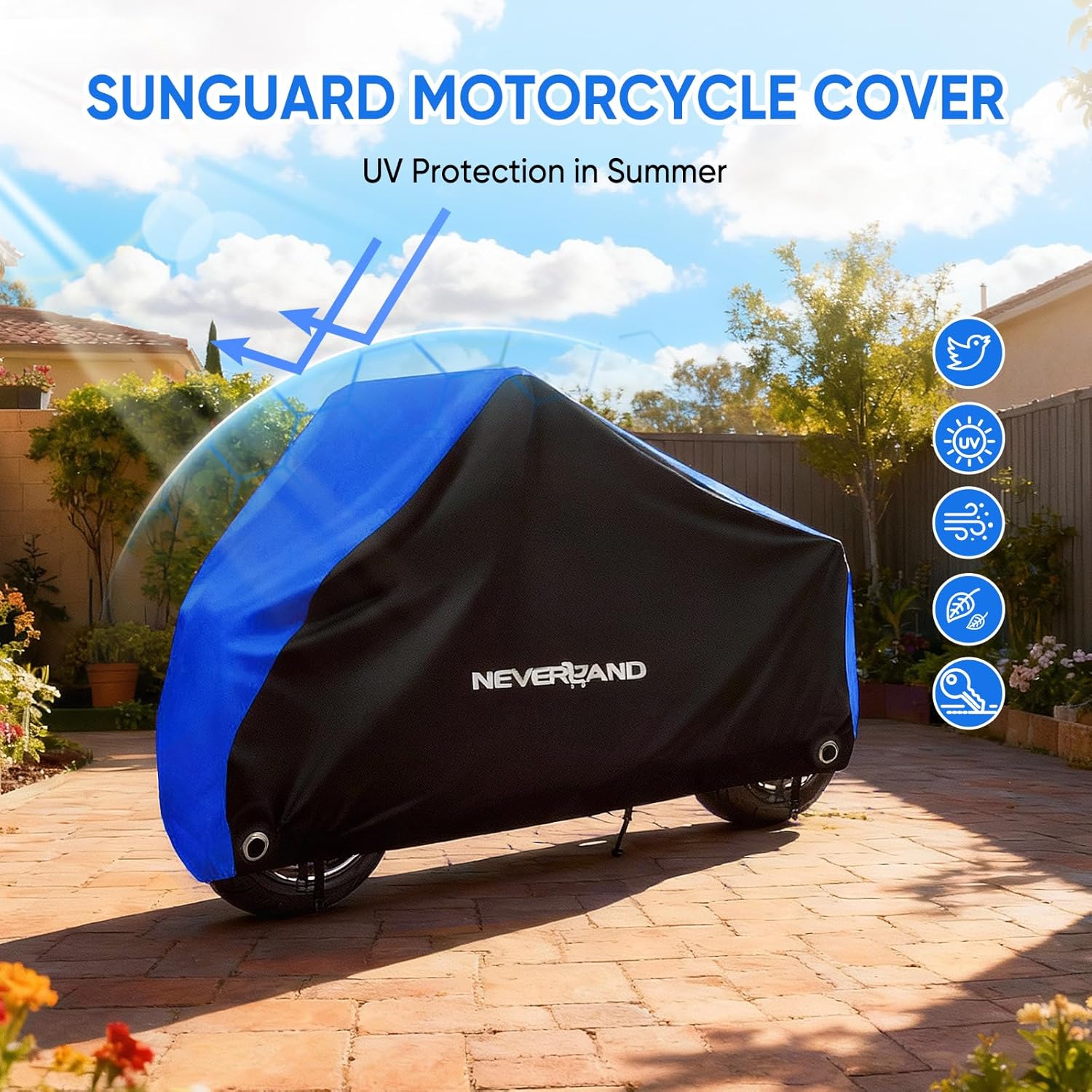 NEVERLAND Motorcycle Cover Waterproof Outdoor - All Season Scooter Covers Heavy Duty with 2 Lock-Holes, Bandage & Storage Bag Fits Most Motorcycles, Scooters, Dirt Bikes, Sportbikes (Up to 86”)