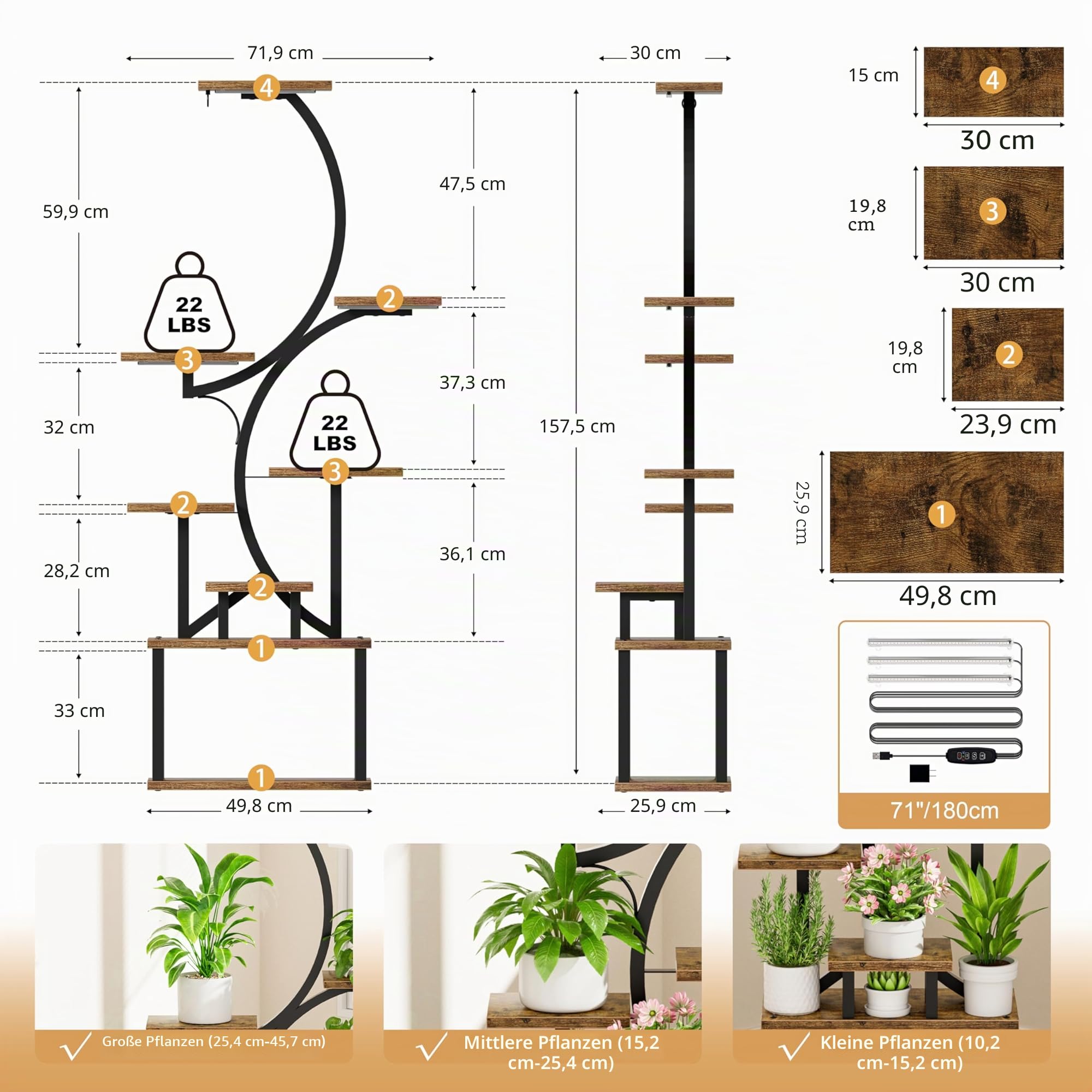 BACEKOLL Pflanzenständer mit Wachstumslicht - 8 Ebenen Blumenständer 157cm Metall Holz Pflanzenregal - Innen & Außen Blumentreppe - Dekoratives Schwarz Blumenregal für Innen Garten Balkon