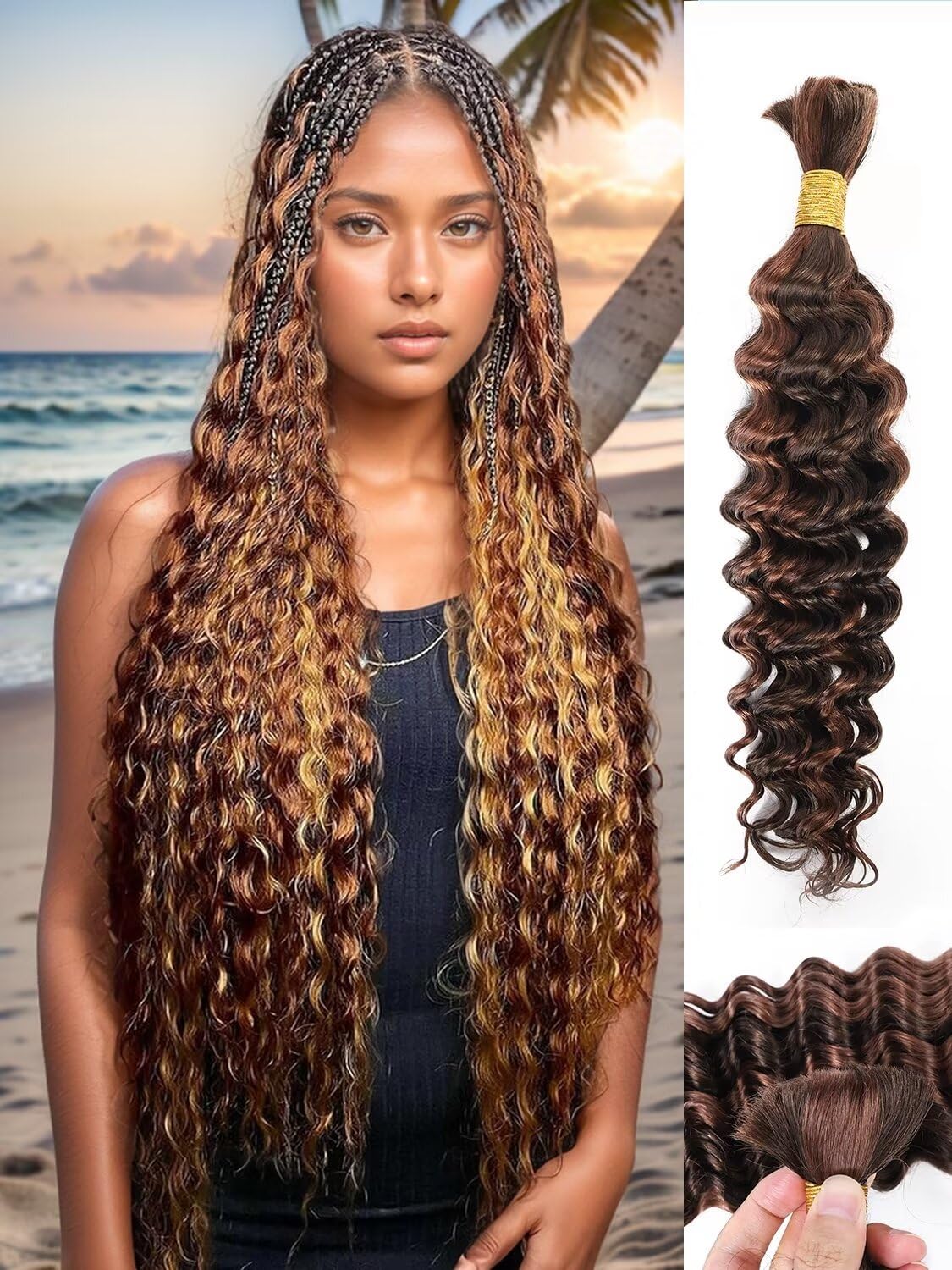 Ombre Human Hair Braiding Hair 50g 20 Inch P4/30 Deep Wave 1 Bundle Bulk Hair for Braid Brazilian Virgin Highlight Curly Extensions for Boho Braids Wet and Wavy Honey Blonde Brown Braiding Hair