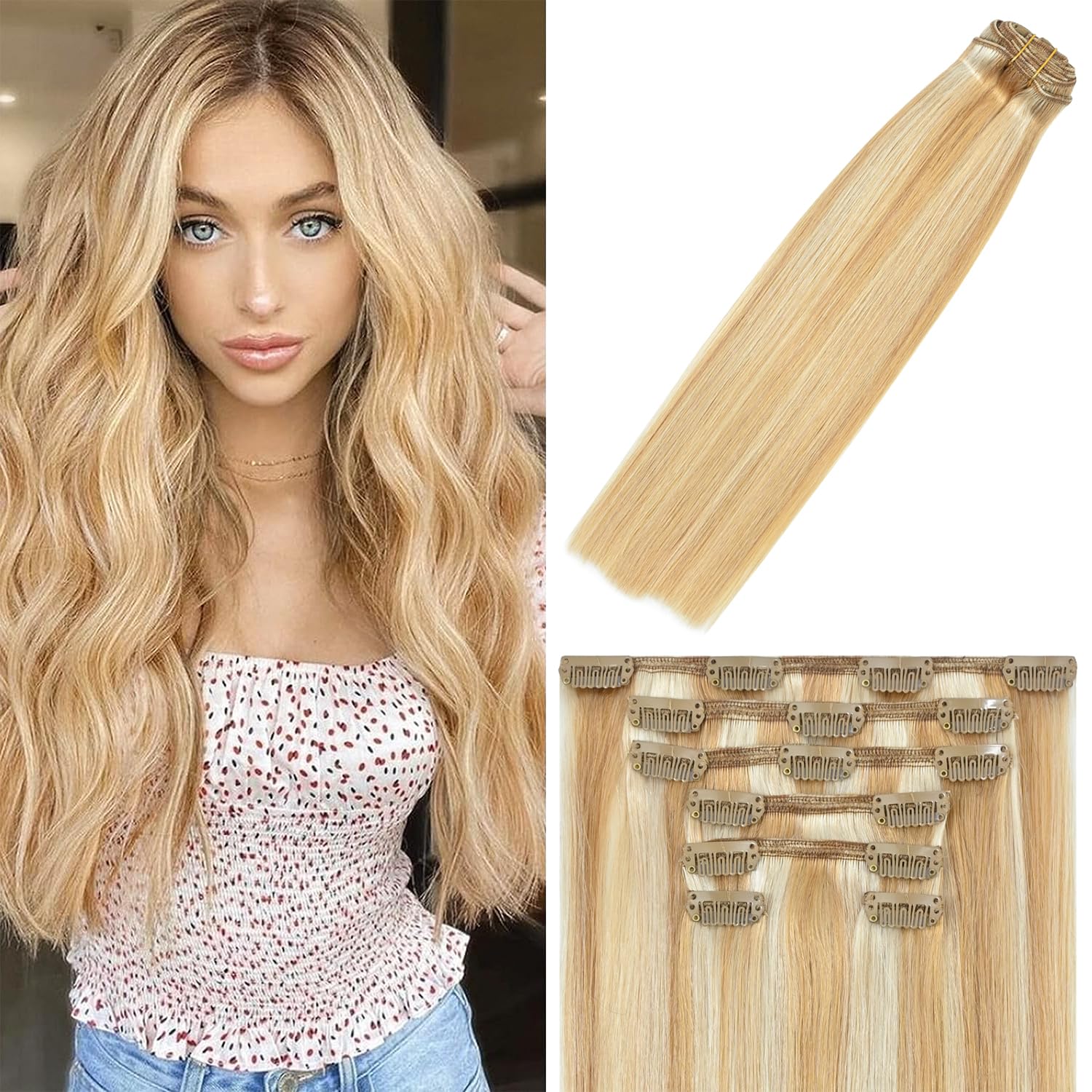 WindTouch Clip In Hair Extensions Human Hair Balayage Honey Blonde to Blonde 20Inch 75g #27p613 7PCS Remy Hair Extensions for women