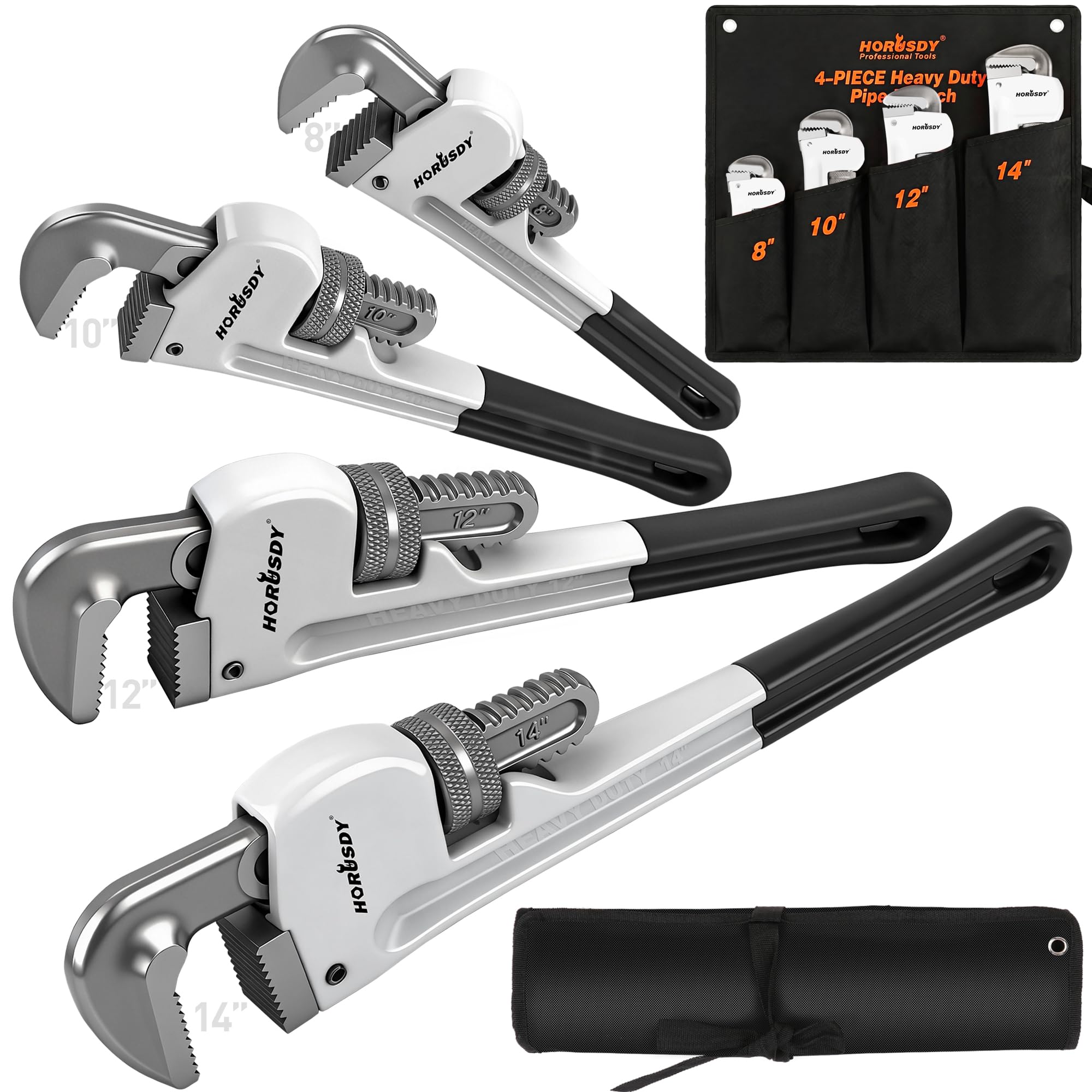 Photo 1 of HORUSDY 4 Pack Adjustable Pipe Wrench Set, 8", 10", 12", 14" Heavy-Duty Plumbing Wrench with Anti-Slip Jaws