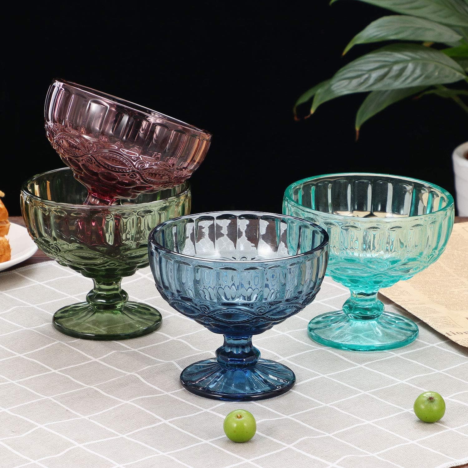VanEnjoy Green Vintage Pressed Pattern Glass Ice Cream Cups/Dessert Bowls - Set of 4,12 Oz - Image 6