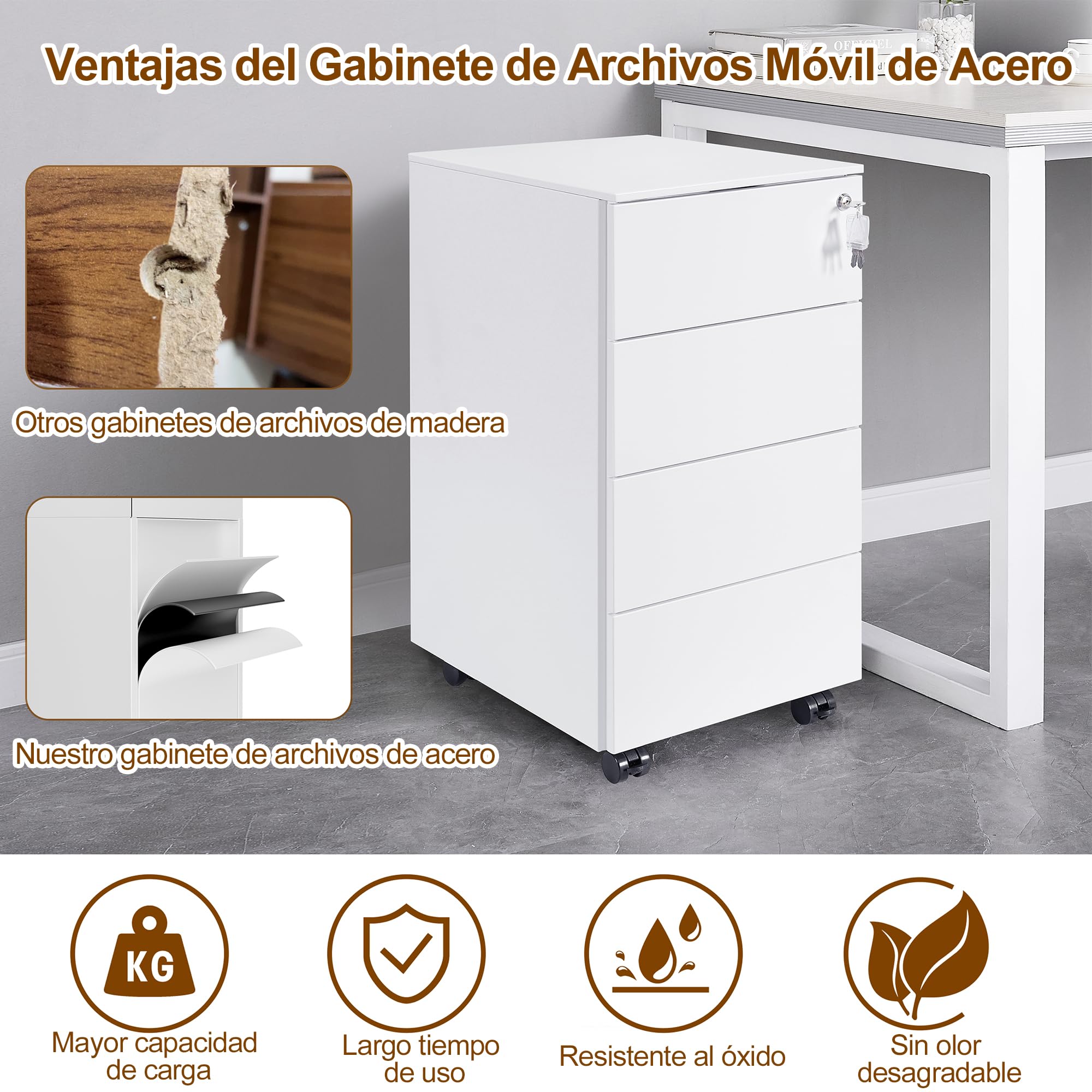 Cajonera móvil, Archivador Metálico con Cerradura, 4 Llaves, 4 Cajones, Premontado, para Oficina, Oficina en Casa, Blanco