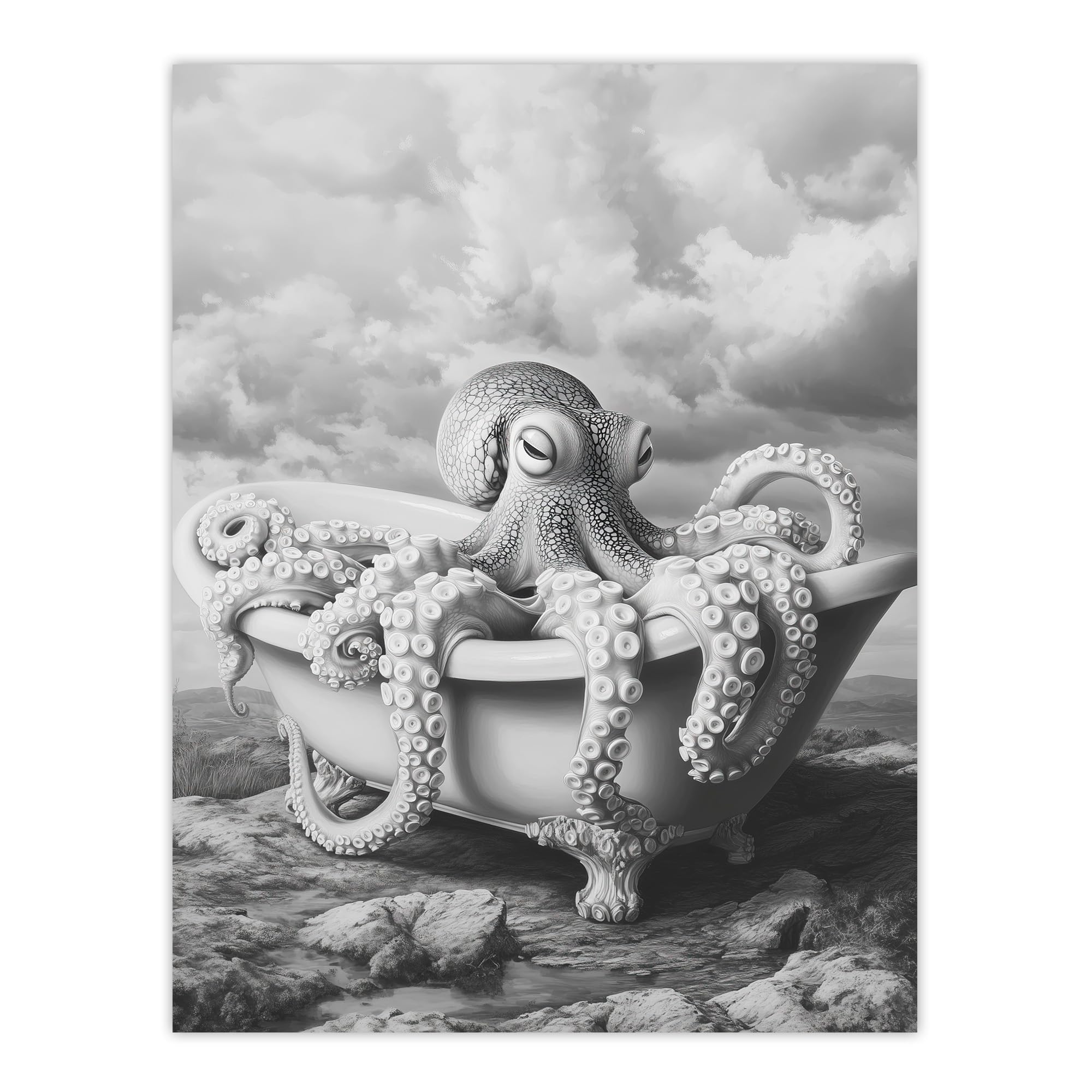Artery8 Giant Octopus Bathtub Wall Art Print - Black & White Mountain Cliff - W24 inch x H32 inch
