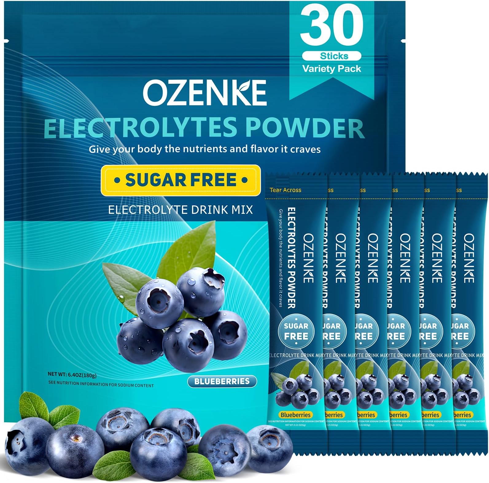 Electrolytes Powder Packets, 30 Sticks Hydration Packets Sugar Free, Electrolyte Drink Mix Portable Electrolyte Packet for Rapid Hydration, 0 Sugar & 0 Calorie, Blueberry Flavor