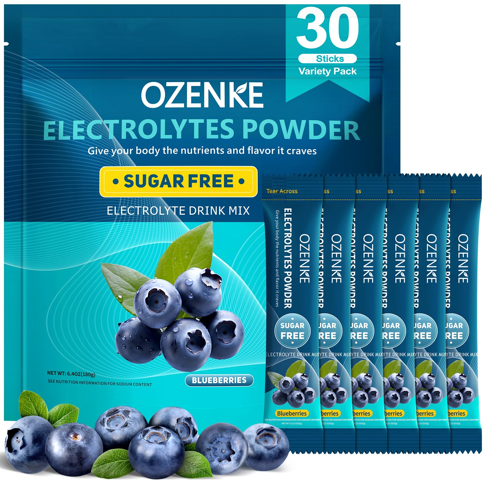 Electrolytes Powder Packets, 30 Sticks Hydration Packets Sugar Free, Electrolyte Drink Mix Portable Electrolyte Packet for Rapid Hydration, 0 Sugar & 0 Calorie, Blueberry Flavor