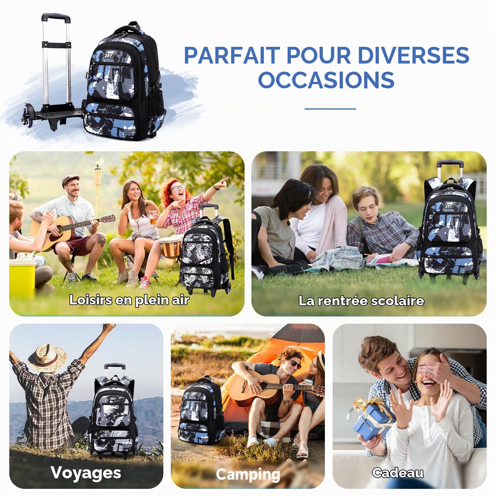 Amythe Sac à Dos à Roulette pour Garcon, 40 Litres Cartable Garcon Collège et Primaire Adapté aux 10 ans et Plus, Sac D'école de Voyage Loisir Élégant pour Homme avec Chariot, Noir