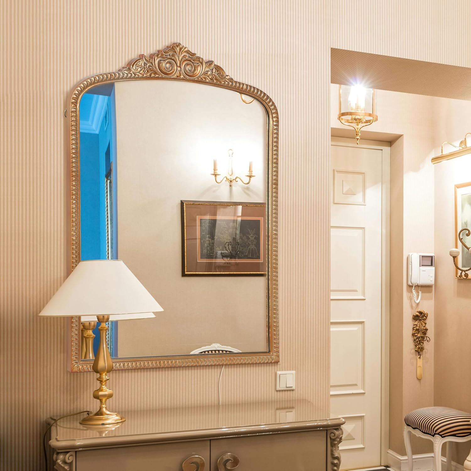 Vintage Arch Wall Mirror, Distressed Wood Frame with Ornate Carved Top, Antique Finish Hanging Mirror for Living Room, Bedroom, Entryway, and Bathroom, 35x25 Inch (Vintage Brass Gold)