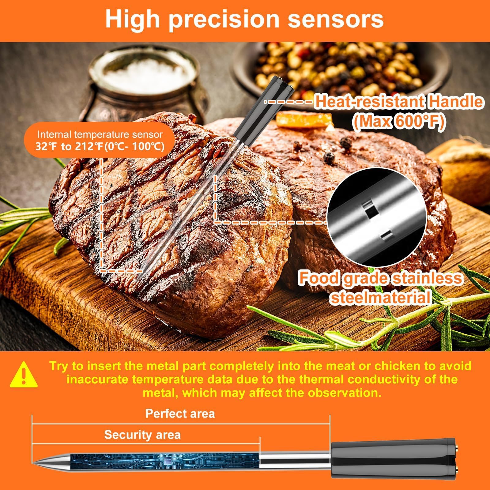WEETIEE Bis zu 100 m lange Reichweite, digitales Fleischthermometer, kabellos, Küchenthermometer, intelligentes Bluetooth-Thermometer, Steuerung per App, Griff aus Keramik, für Grill, Backofen