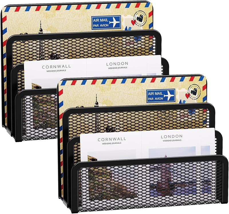 Marbrasse Organizador de correo para escritorio, soporte de correo de malla metálica de 3 ranuras, soporte para cartas, sobre de escritorio de oficina y estante de almacenamiento de documentos (2P)