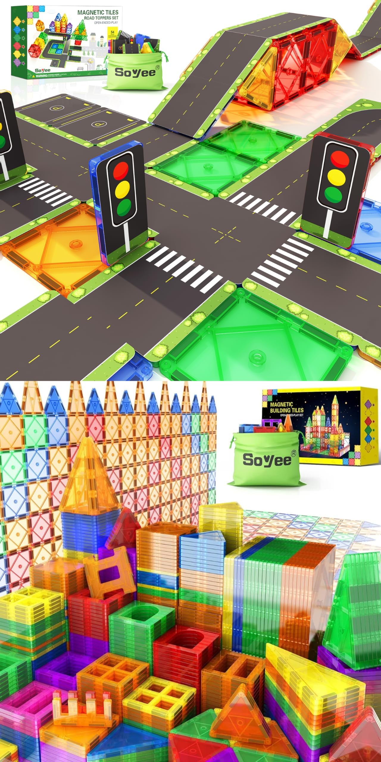 158PCS Magnetic Tiles Road Toppers Set Kids STEM Toys for 3 Year Old Boys and Girls Playing with Car Toys Preschool Learning Activities Gift Montessori Toys for 3 4 5 6 Year Old Toddlers Kids