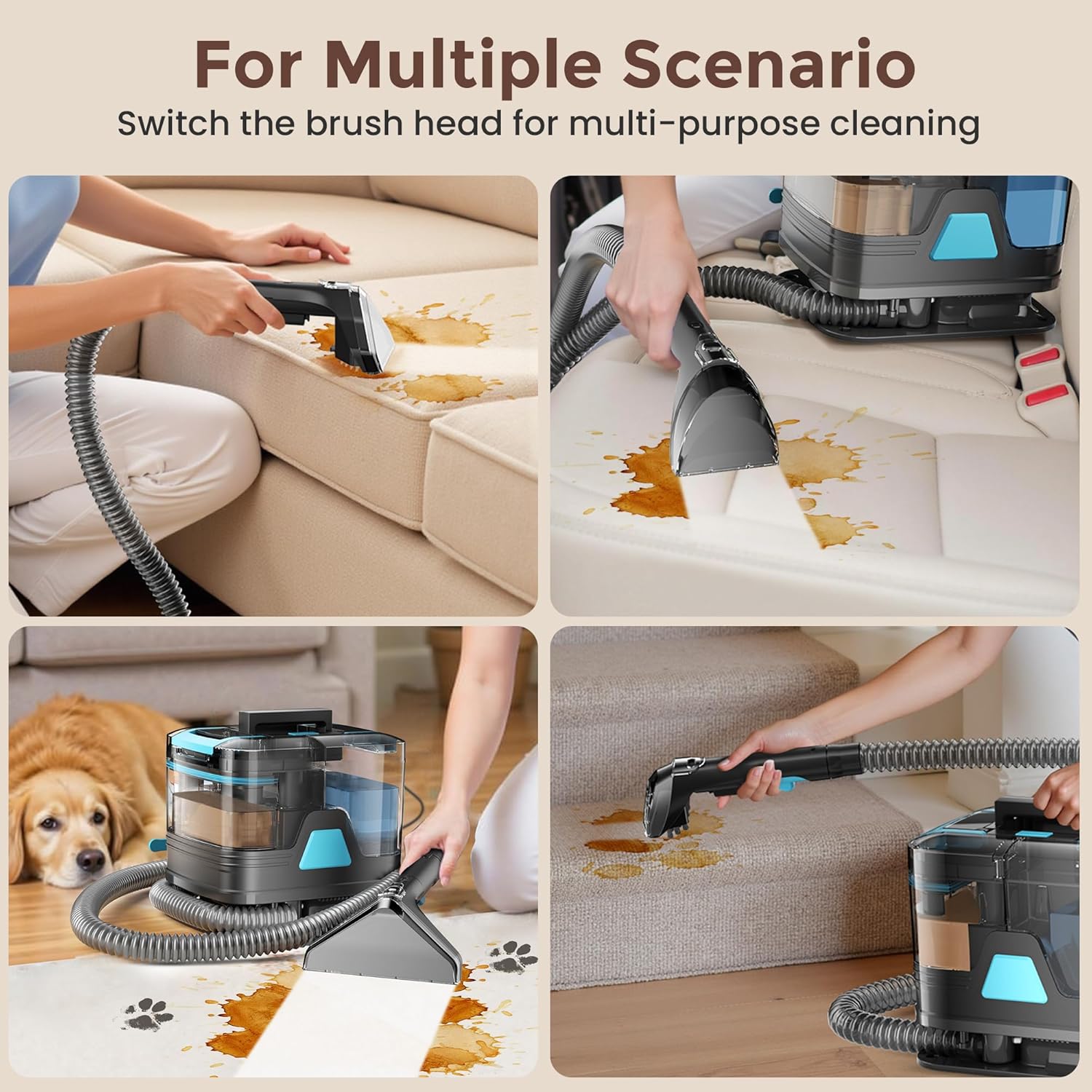 DEVOAC C8 Portable Carpet Upholstery Spot Cleaner Machine with Versatile Tools, Self-Cleaning, 18Kpa Powerful Suction, Pet Stain Remover, Car and Auto Detailer (Green)