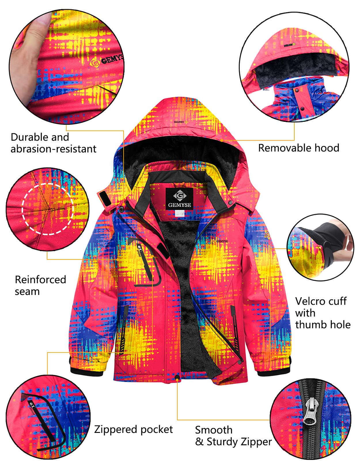 GEMYSE Chaqueta de Esquí para Niña Impermeable Abrigo de Invierno con Capucha Antiviento para Nieve Montaña con Forro Polar(Imprimir 2,140-146)