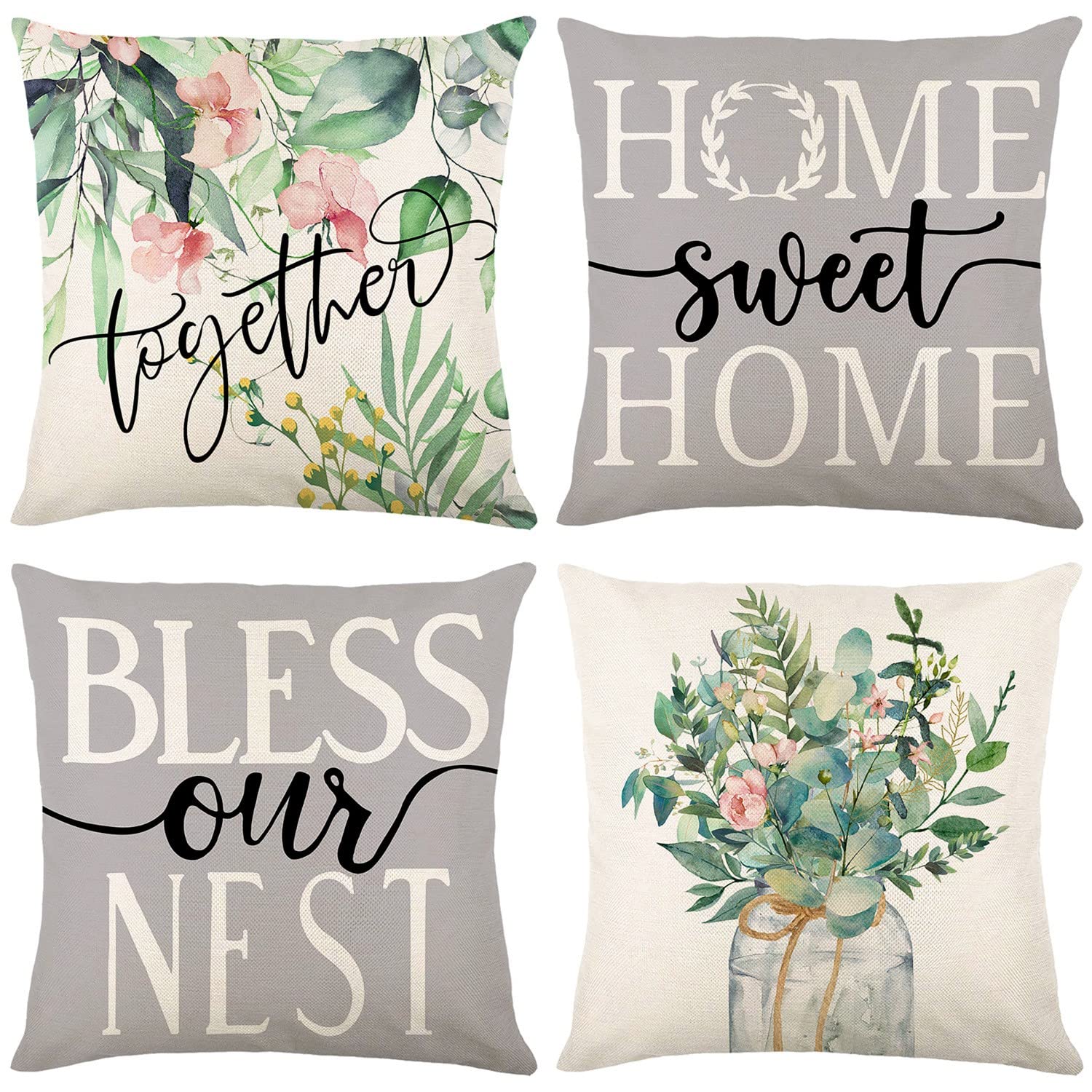 HHOCN 4 Pieces Spring Linen Decorative Pillow Cover Farmhouse Square Throw Pillow Case Sofa Bed Couch Garden Throw Cushion Cover Decoration Pillow Shell 18" x 18"