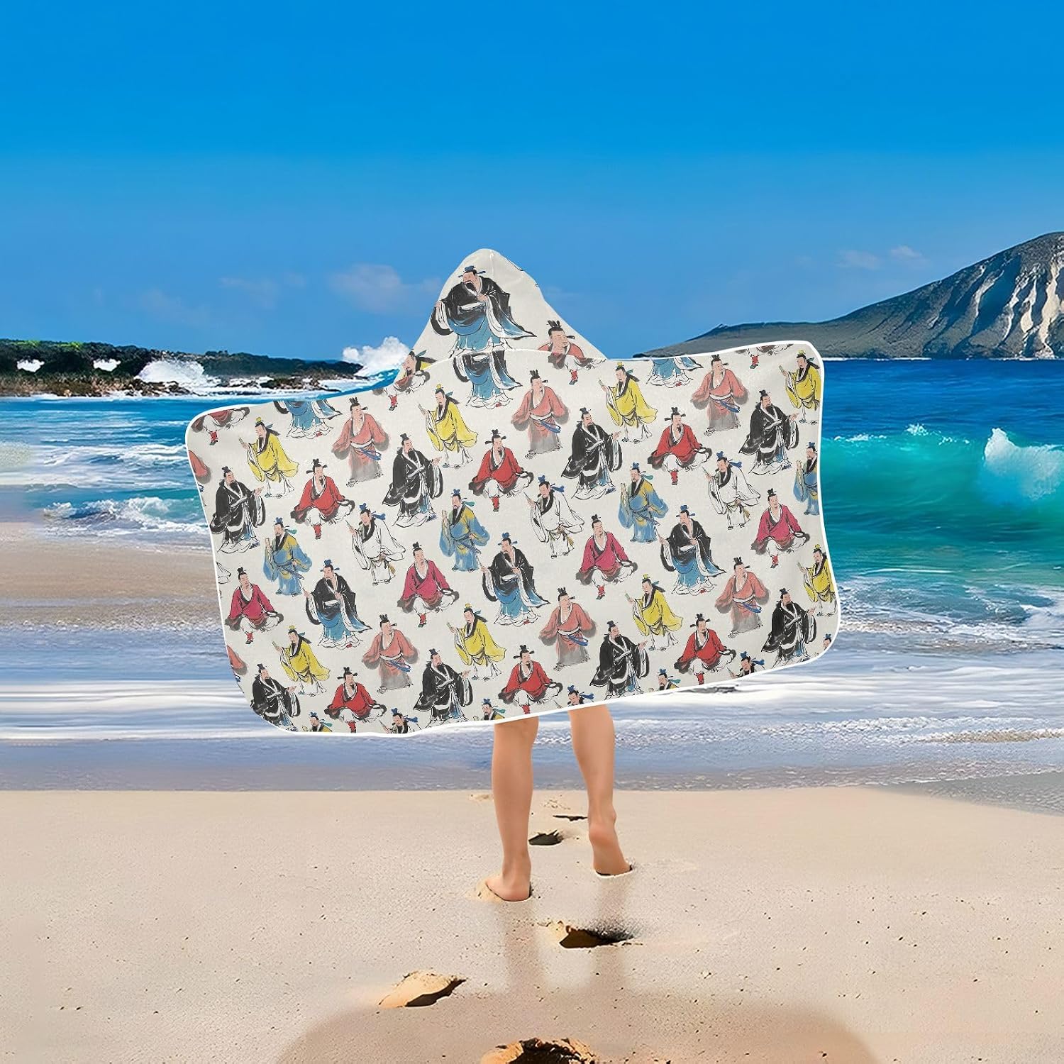 Kids Beach Towels Ancient Chinese Characters Hooded Beach Bath Towel Absorbent