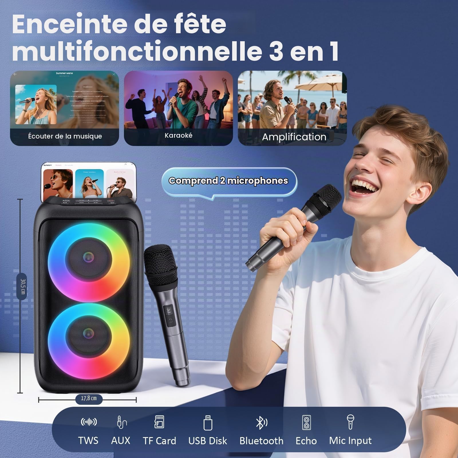 Machine à karaoké, haut-parleur Bluetooth portable avec 3 microphones de karaoké sans fil, avec trois microphones, karaoké 10 W pour adultes et enfants avec caisson de basses amélioré, système de