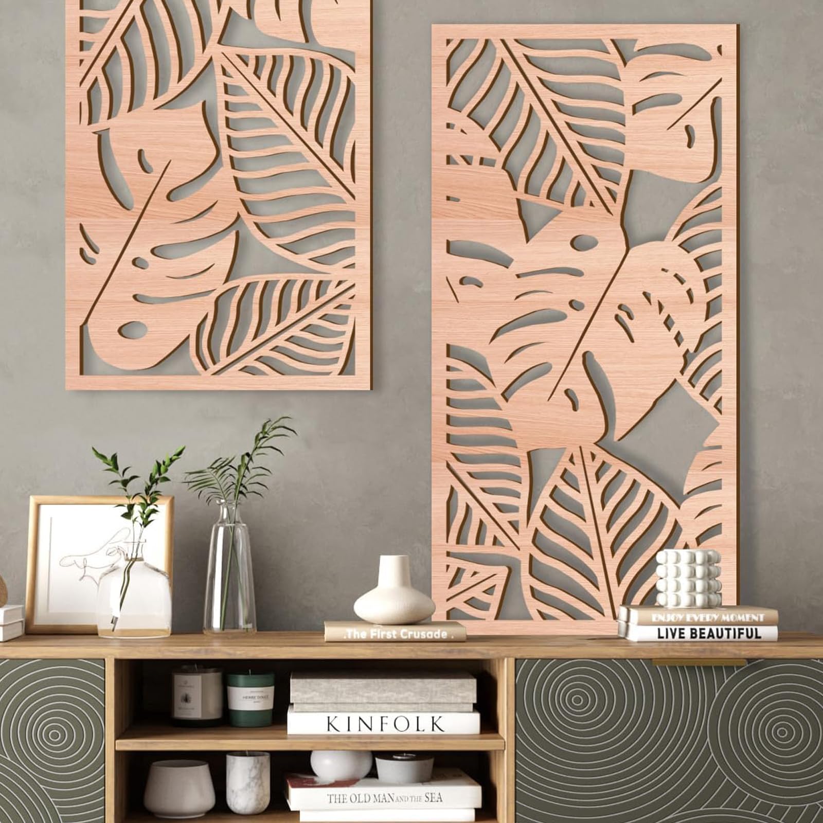 Yixuan 3 Pièces Sculpture Murale en Bois Naturel - Décor Mural Tropical Feuille de Monstera Style Boho Chic - Art Mural Moderne & Léger pour Salon, Chambre, Entrée ou Bureau - 5