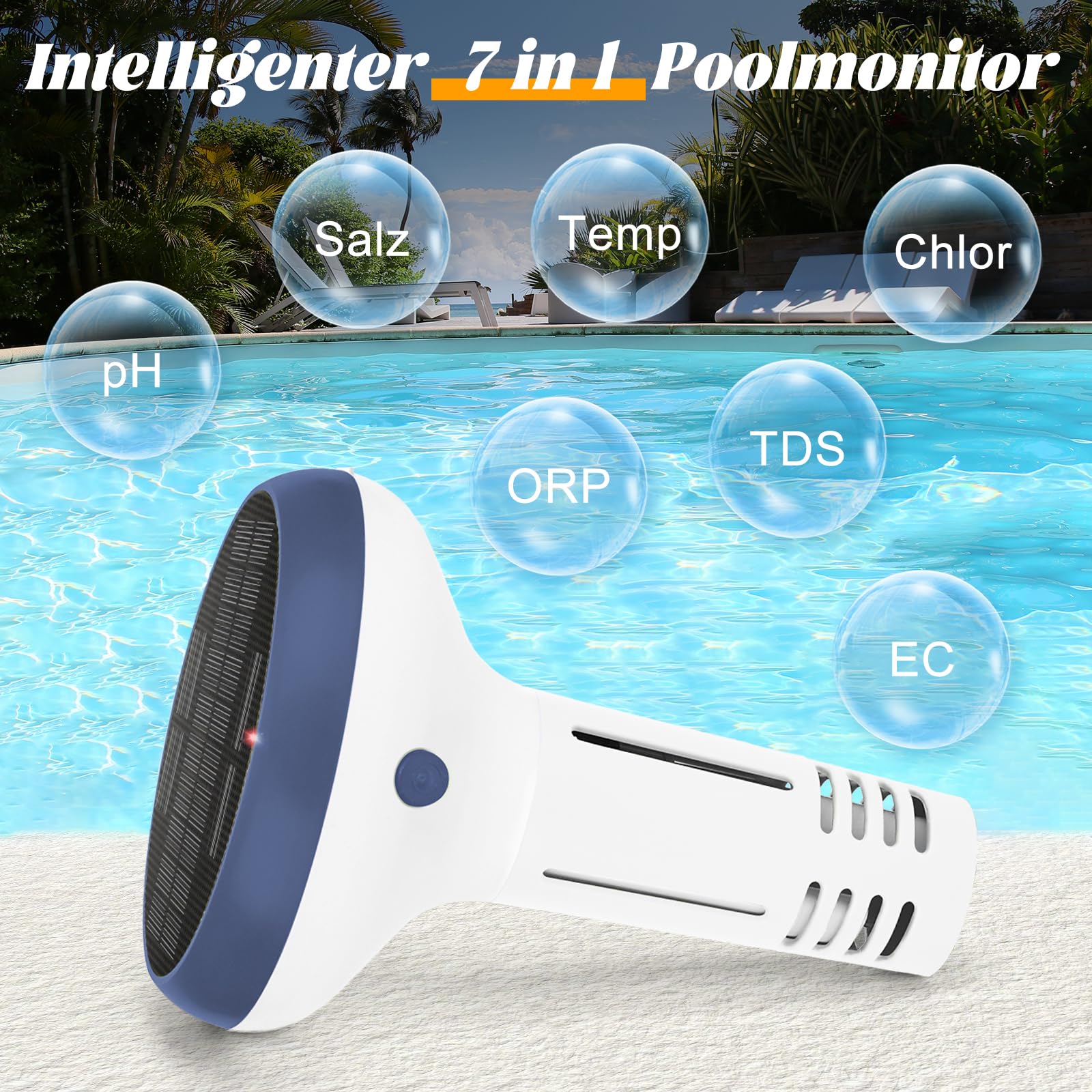 UIUZMAR Pool pH und Chlor Messgerät Intelligenter Poolmonitor, 7-in-1 pH Salz EC TDS Freies Chlor ORP und Thermometer für Schwimmbad, Schwimmender Solarbetriebener Chlormonitor für Whirlpool