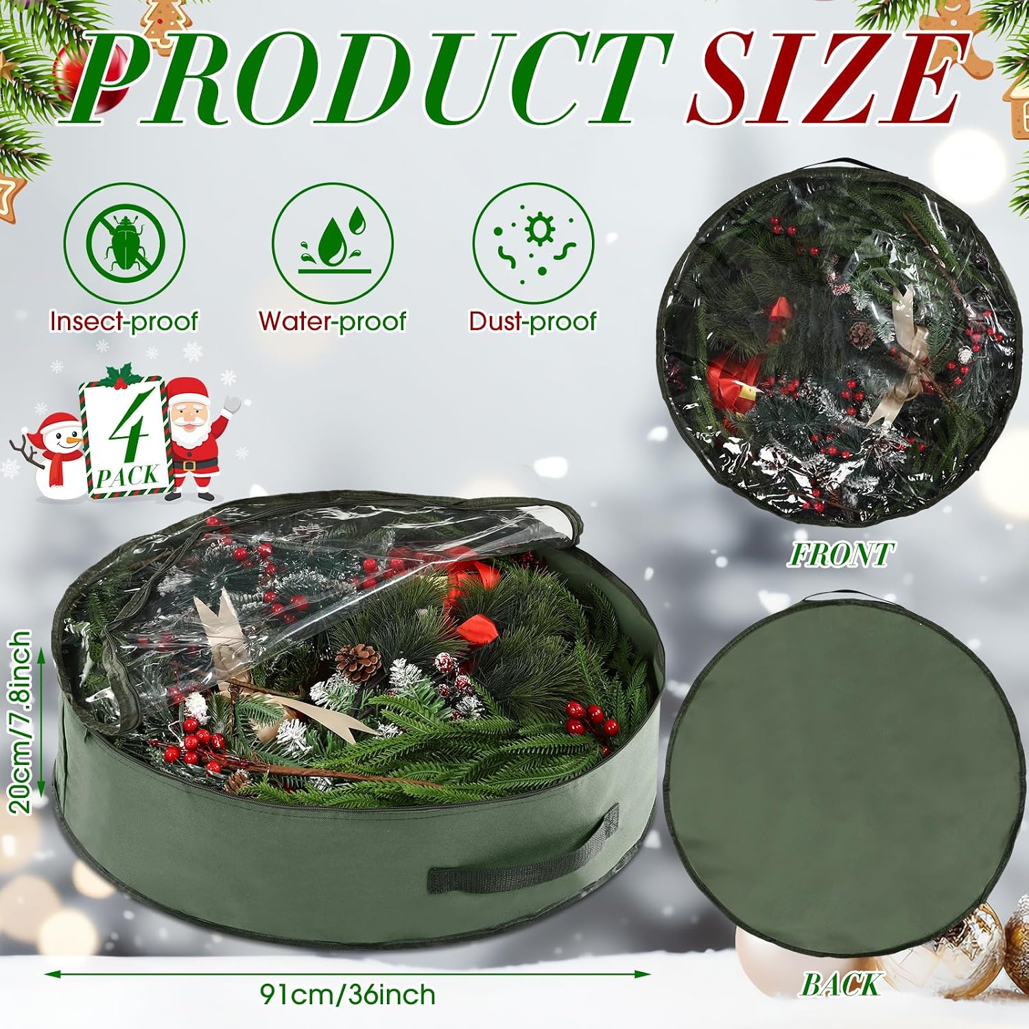 4 Pack Wreath Storage Container, 36 Inch Christmas Wreath Storage Box with Clear Window and Handles Upgrade Oxford Cloth Garland Bags with Dual Zipper for Xmas Wrapping, Green