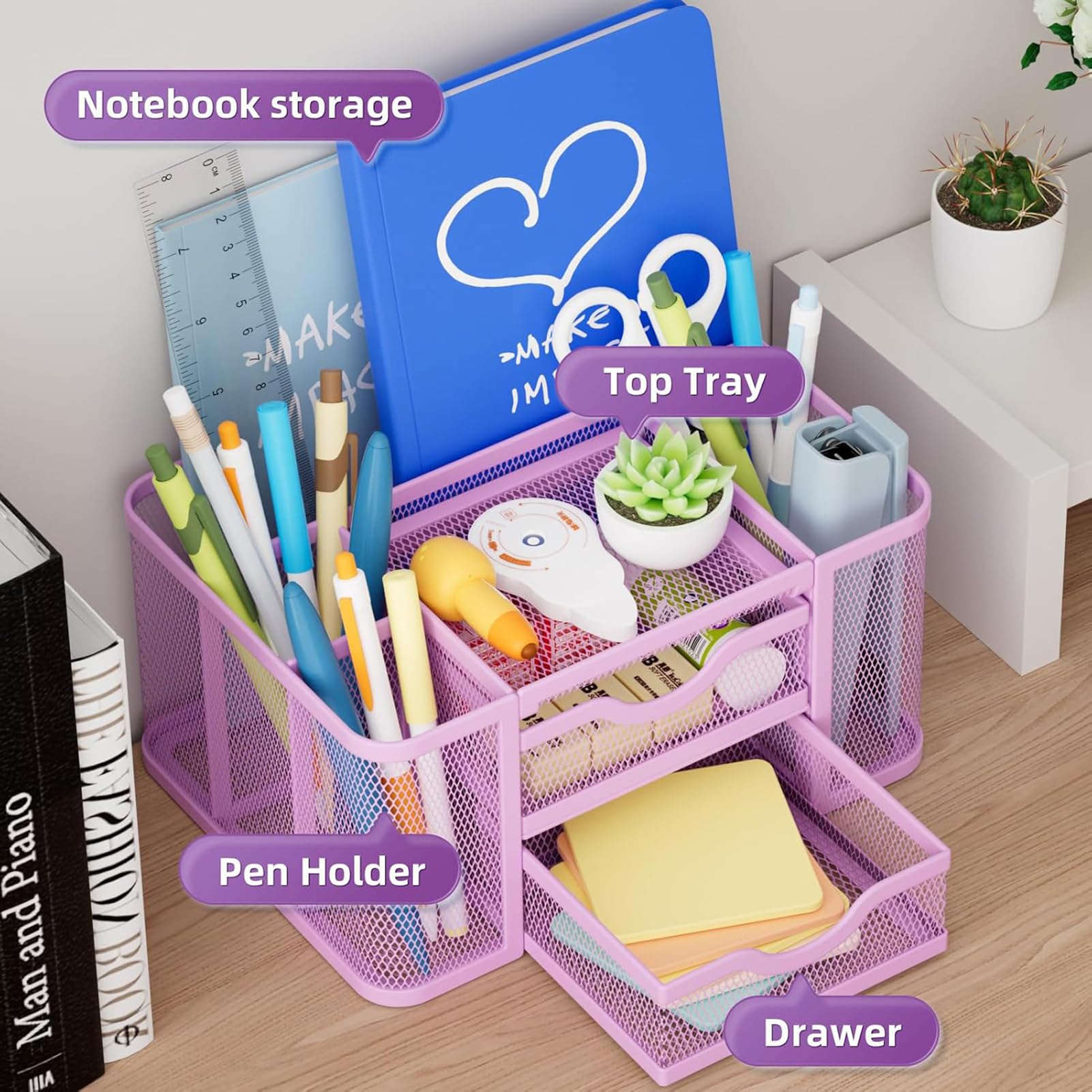 Marbrasse Organizer Scrivania,Portapenne Scrivania a Rete Vassoio Portacarte 3 Scomparti con Maniglia Organizzatore Scrivania, Portapenne Scrivania per File A4, Portapenne per Casa Ufficio (Viola)