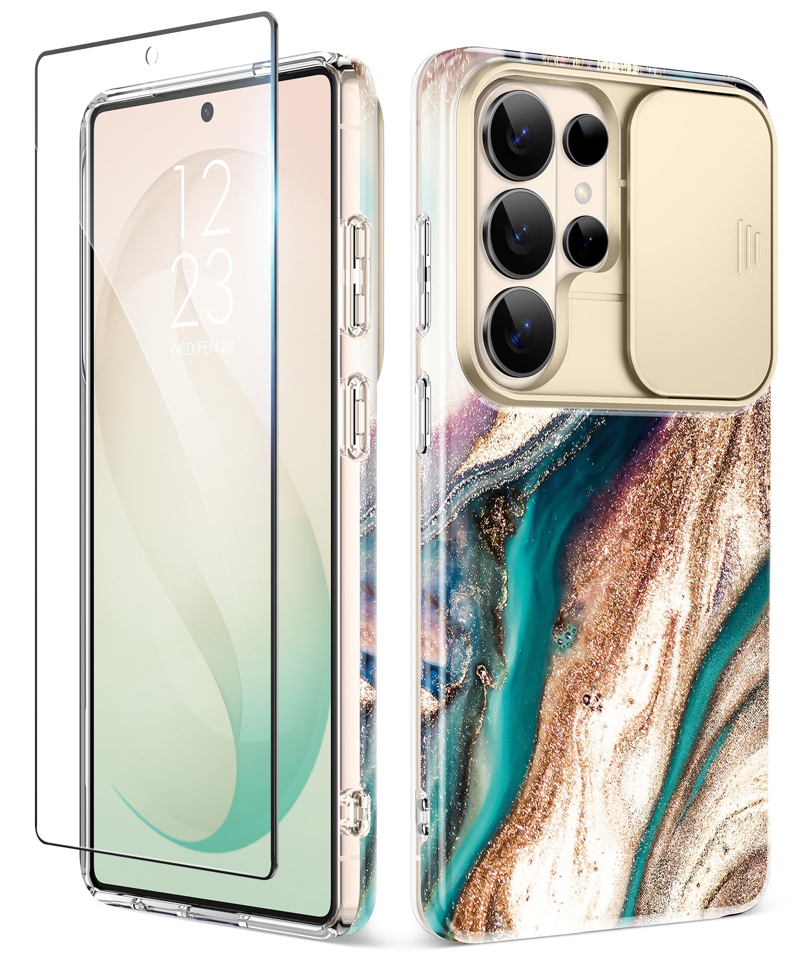 GVIEWIN Kompatibel mit Samsung Galaxy S26 Ultra Hülle mit Schieben Kamera Abdeckung+Displayschutz, [Fallschutz in Militärqualität] Marmor Stoßfest Kratzfest Handyhülle 5G 6,9" 2025,Treibsand/Braun