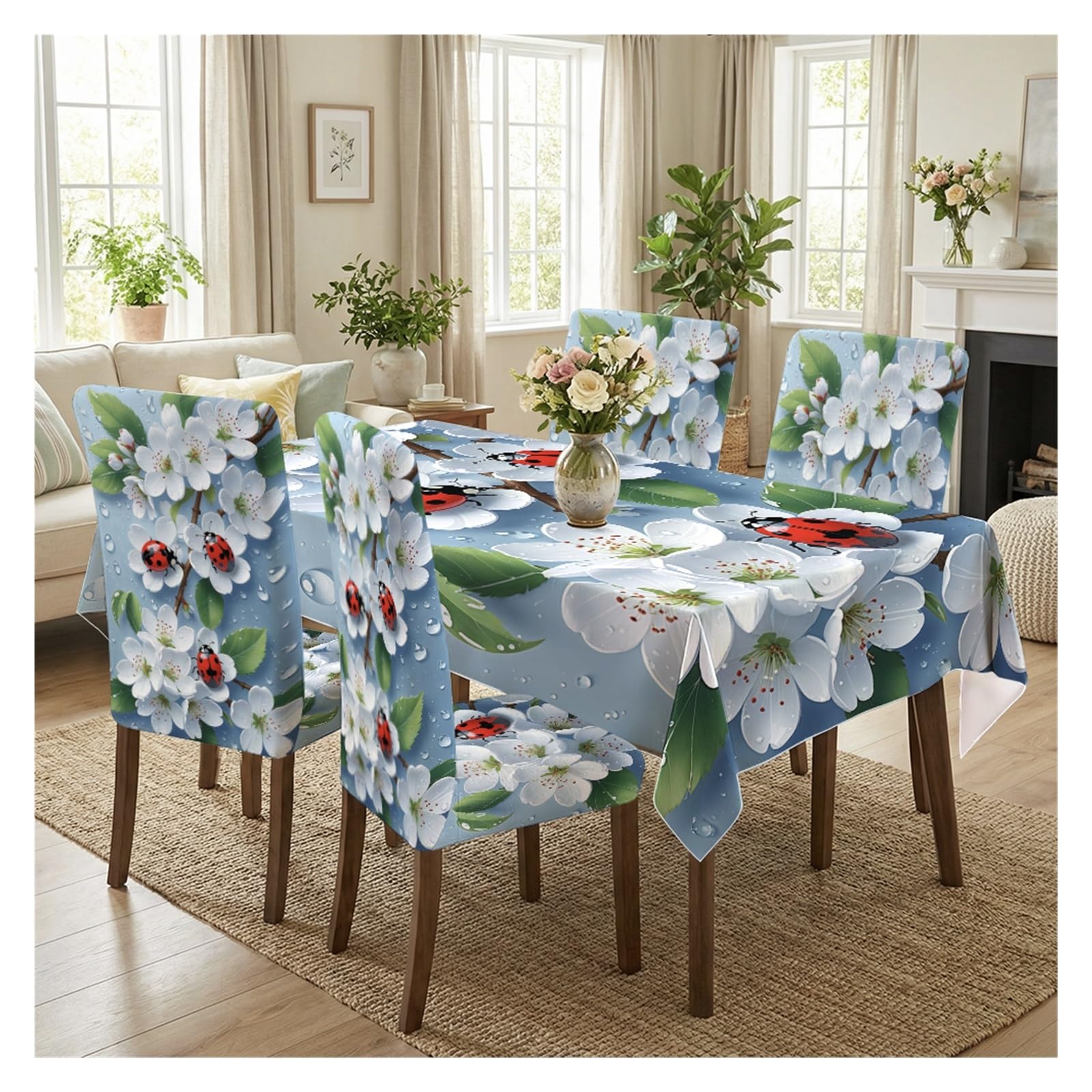 KXUAUV Cherry Blossom Ladybug Print Stretch Dining Chair Covers Tablecloth Set, For Kitchen Dining Living Room Spring Decor, 5/7 Pack Party Decor(5pcs Set: Tablecloth+Chair Covers)